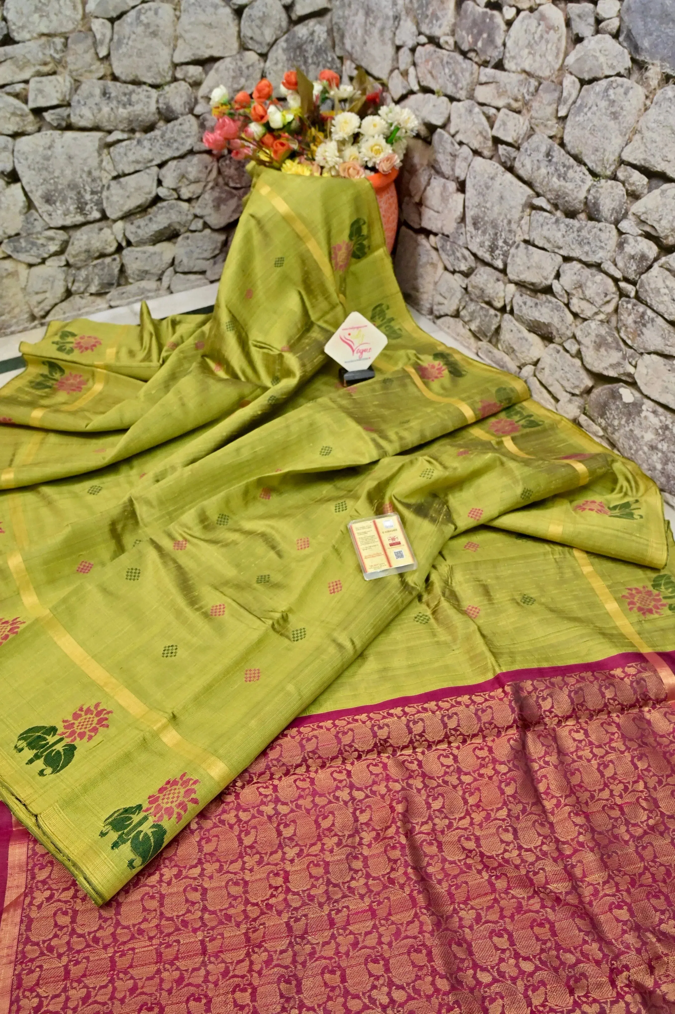 Pista Geeen and Rani Color Pure Raw Silk Saree with Floral Motif in Gap Border