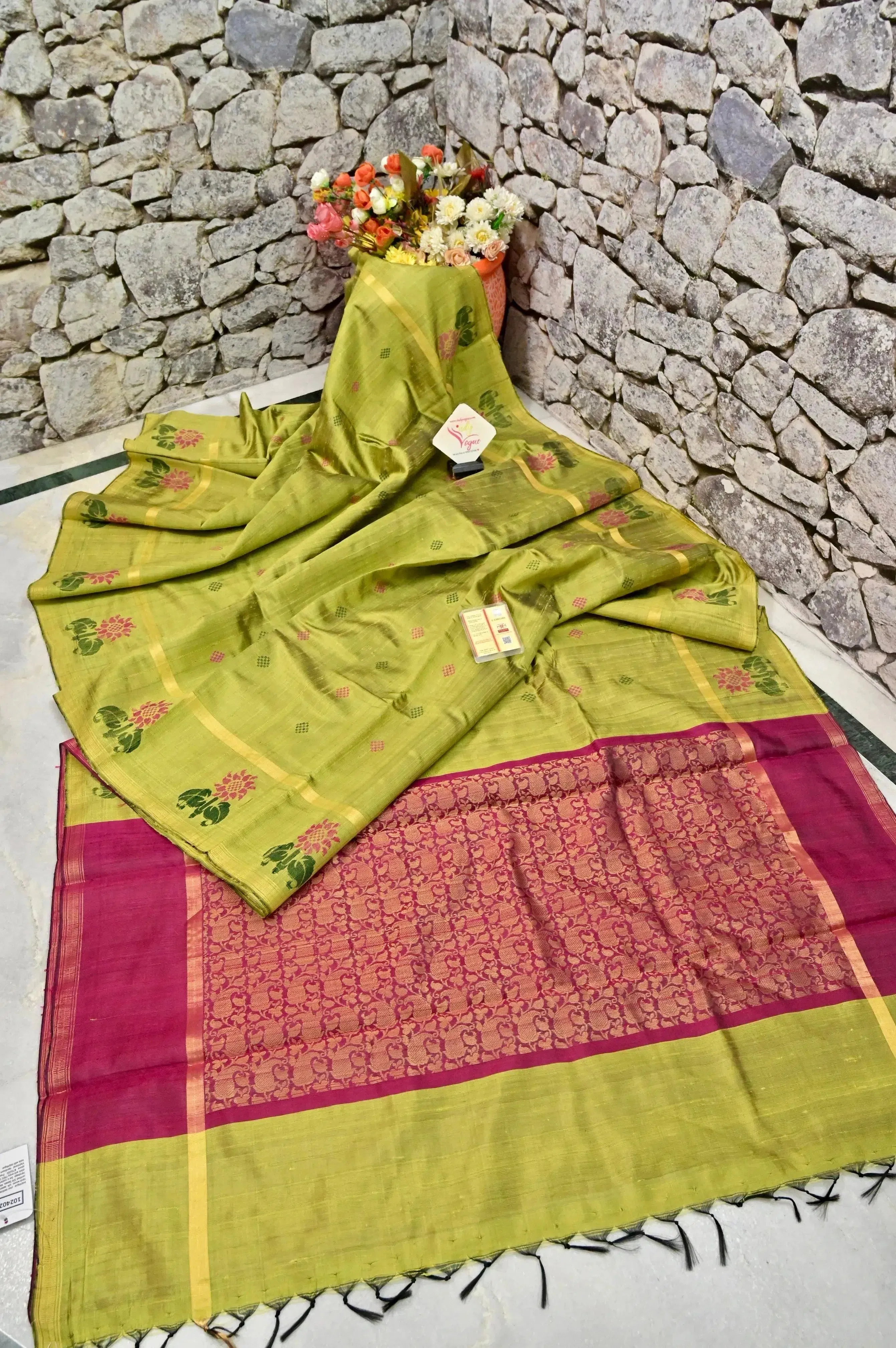 Pista Geeen and Rani Color Pure Raw Silk Saree with Floral Motif in Gap Border