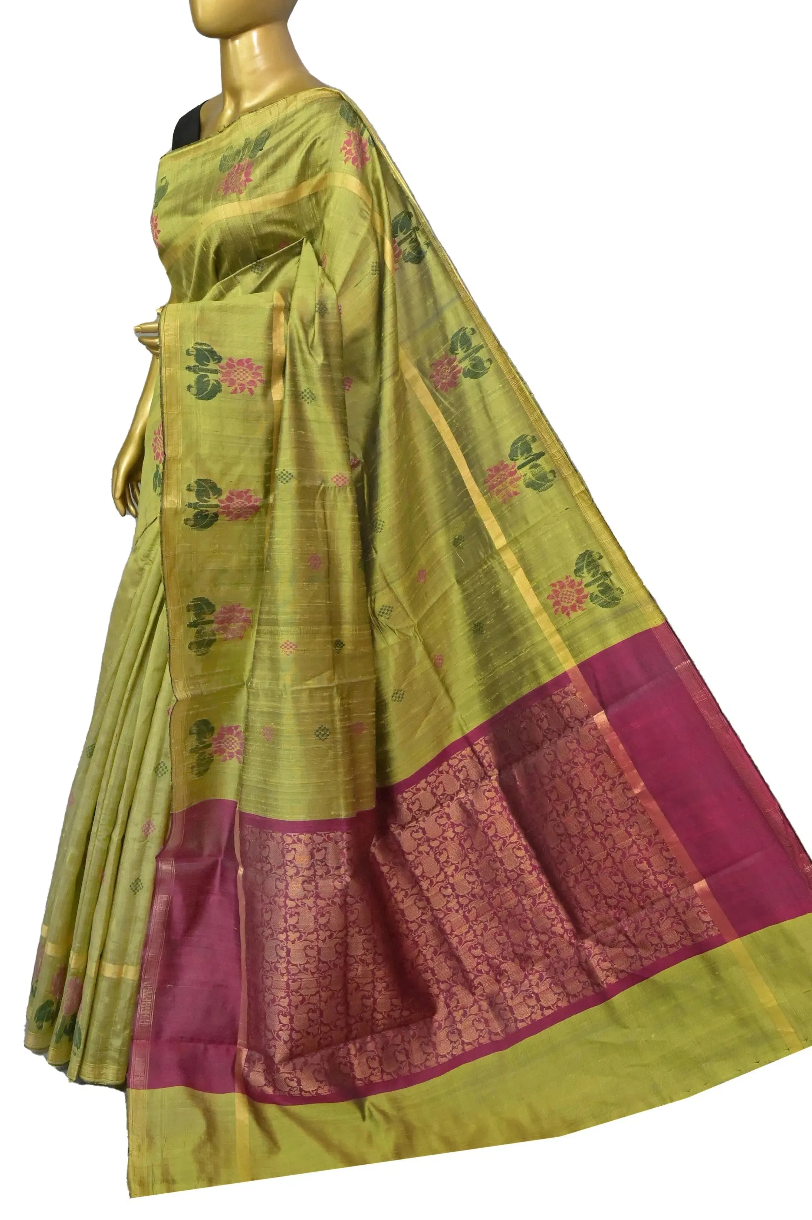 Pista Geeen and Rani Color Pure Raw Silk Saree with Floral Motif in Gap Border