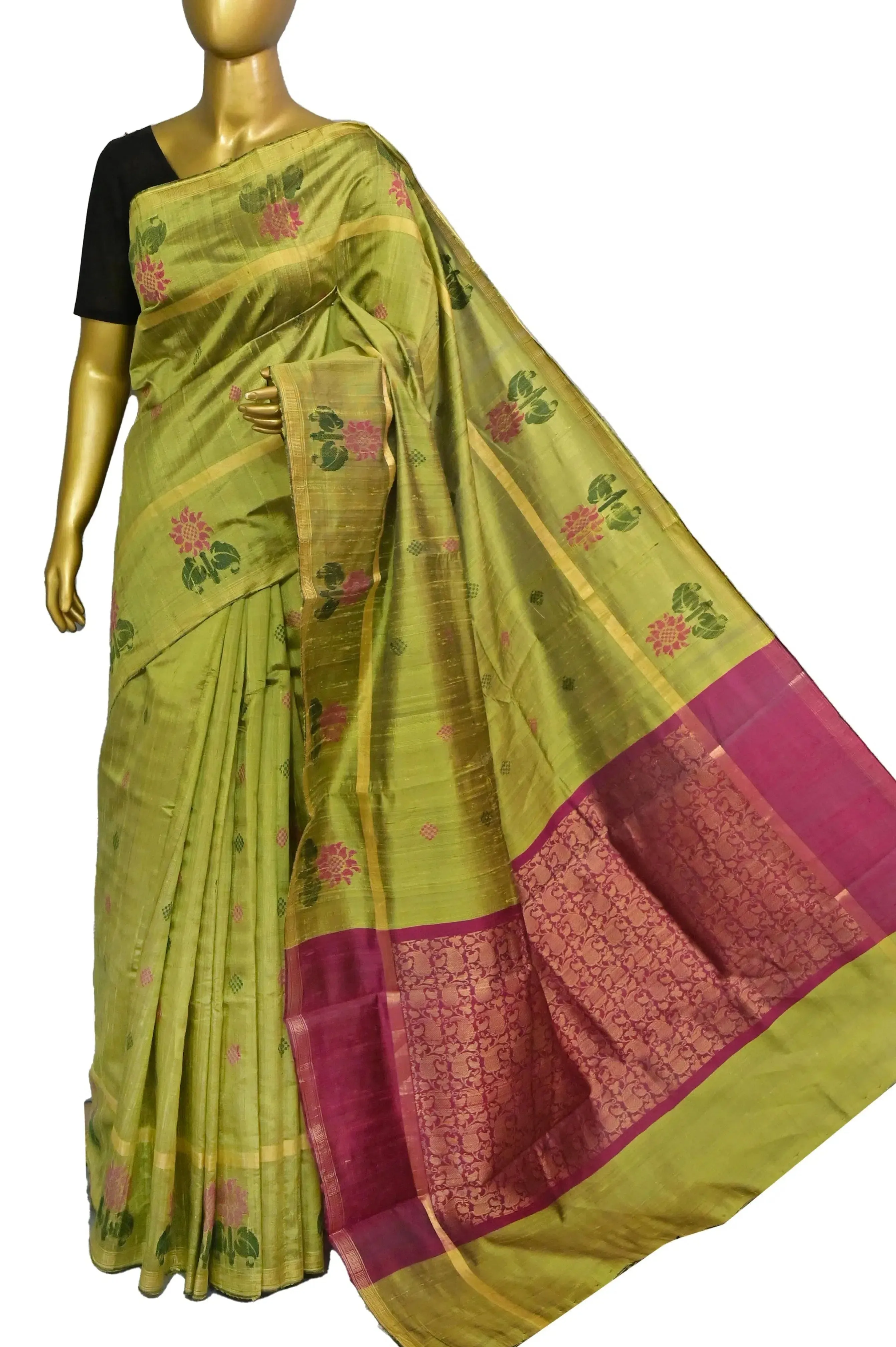 Pista Geeen and Rani Color Pure Raw Silk Saree with Floral Motif in Gap Border