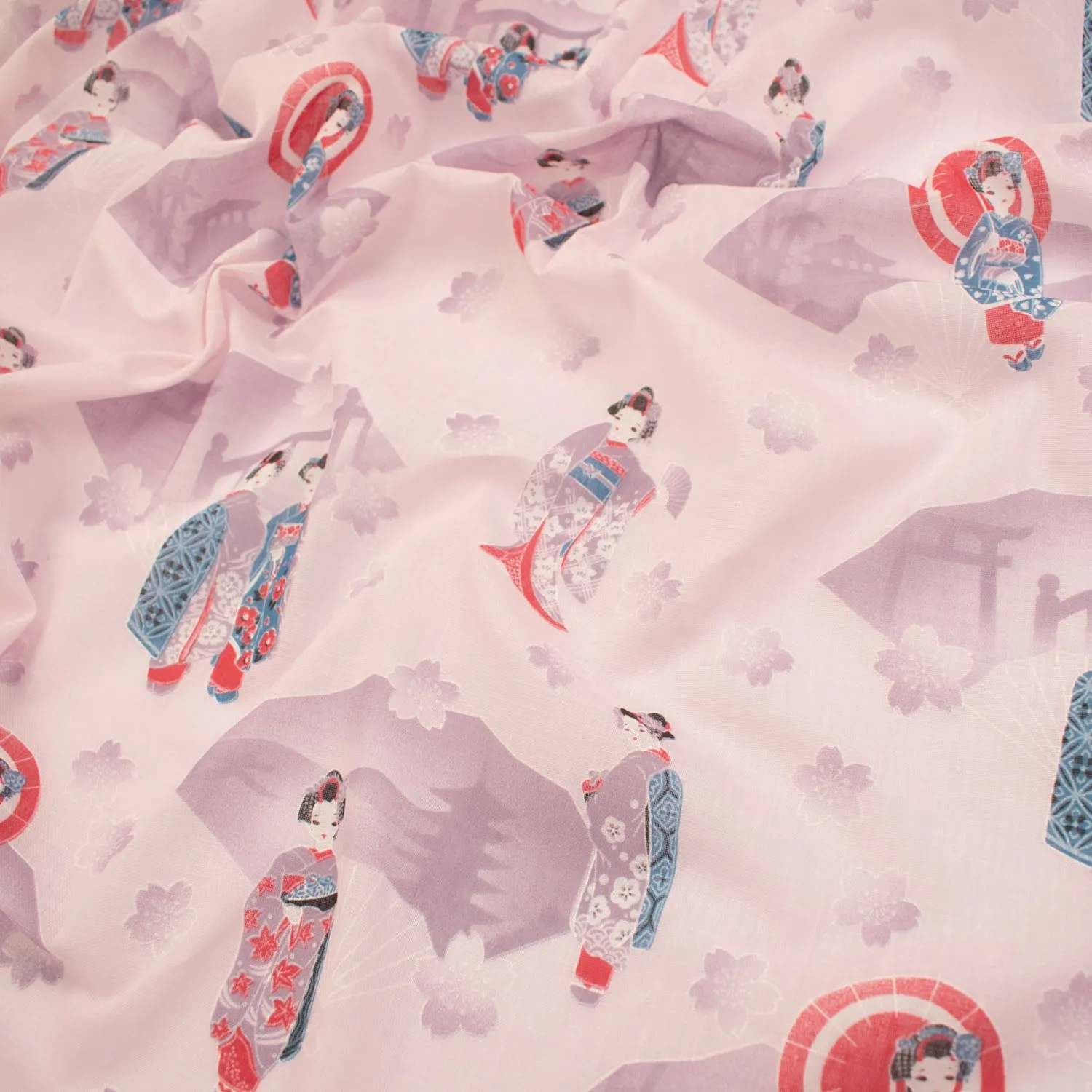 Printed Cotton Voile Design-12 Red & Pueple Kimono on Baby Pink