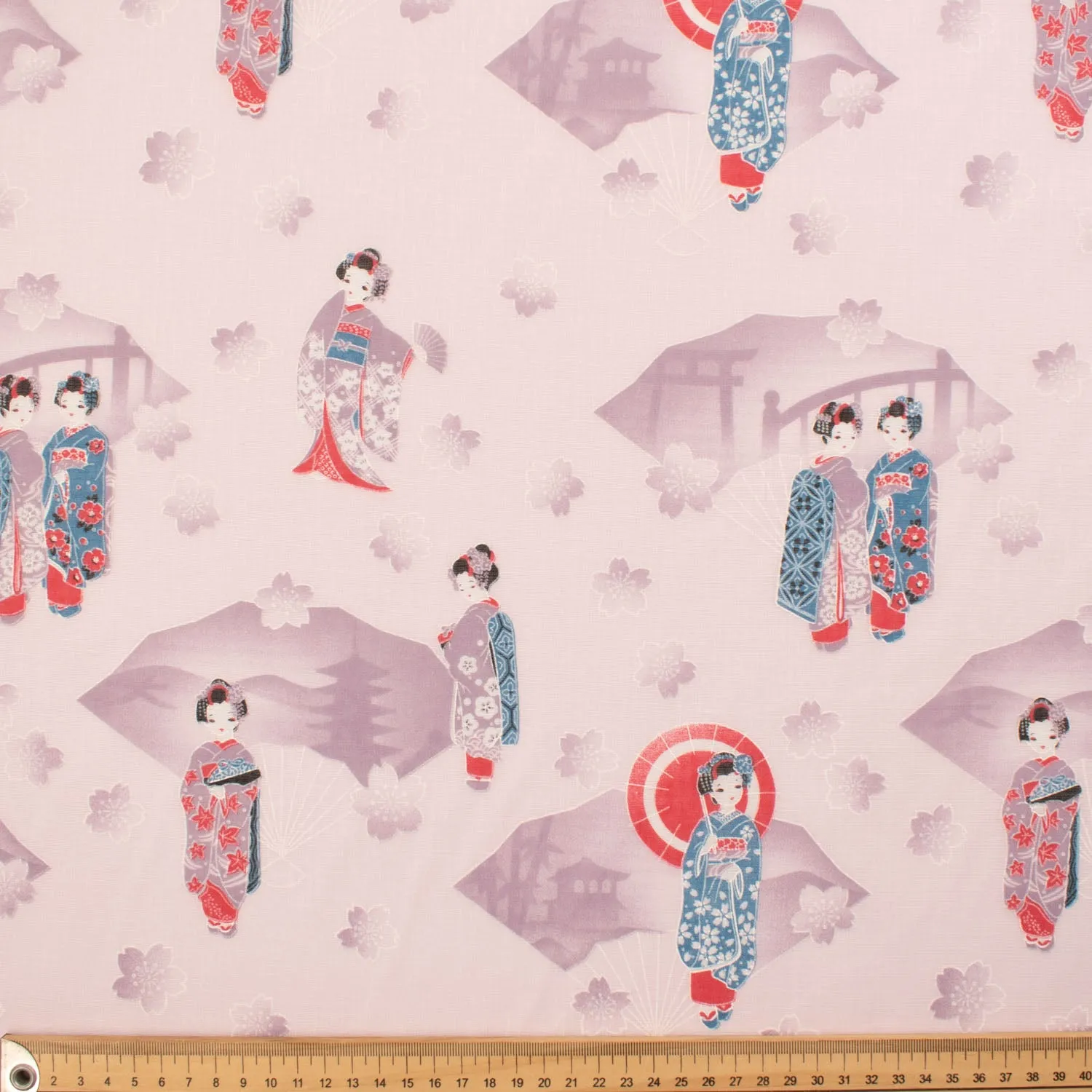 Printed Cotton Voile Design-12 Red & Pueple Kimono on Baby Pink