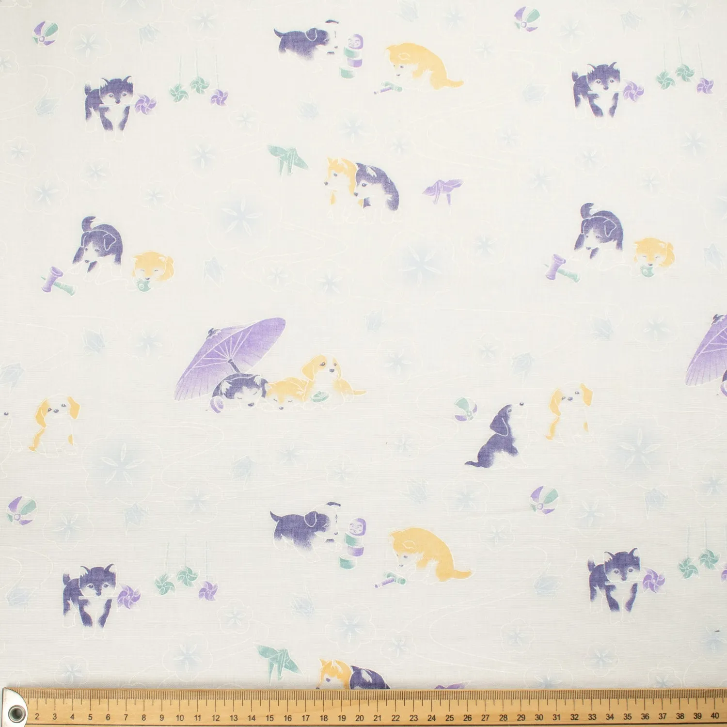 Printed Cotton Voile Design-20 Yellow & Purple Happy Dogs on White