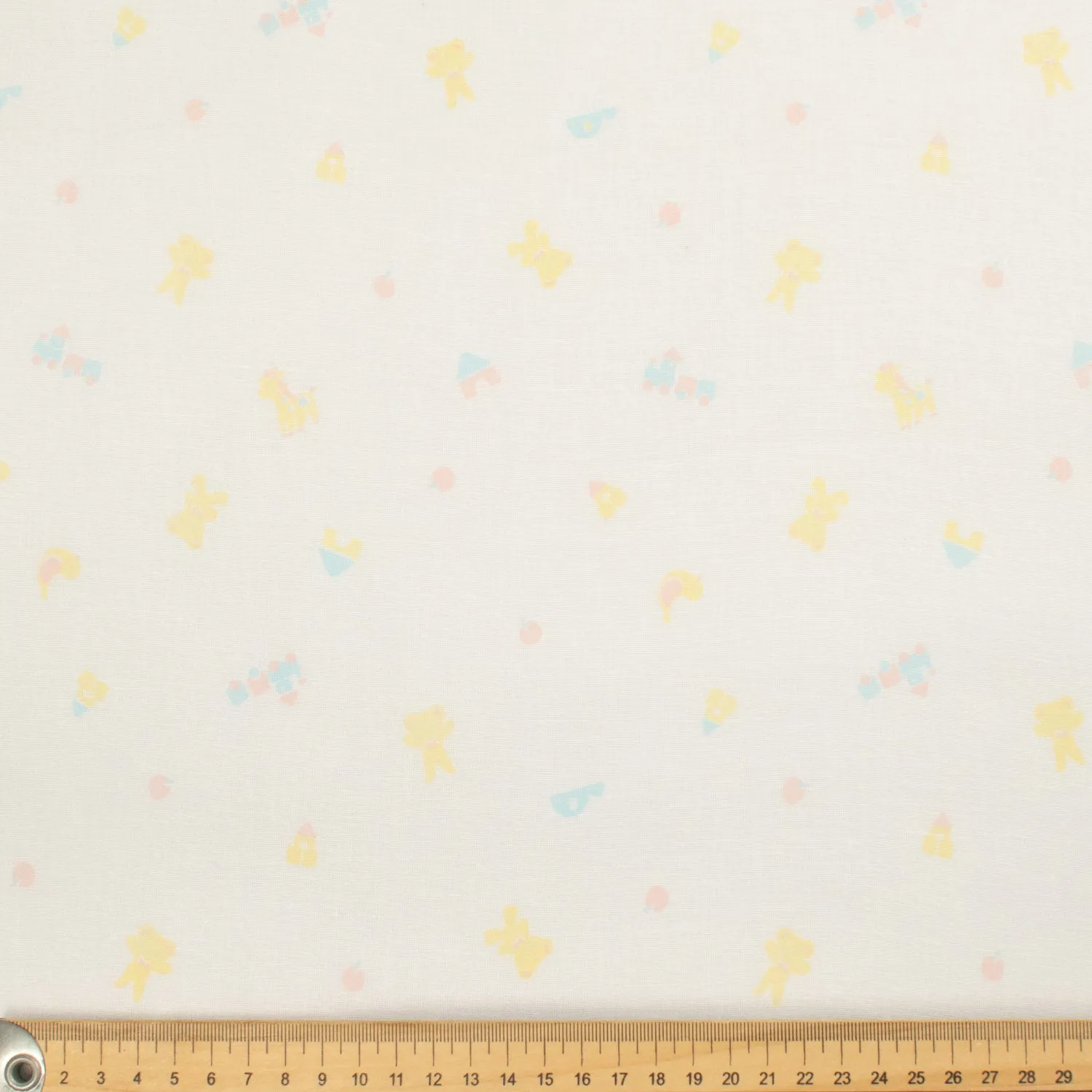 Printed Cotton Voile Design-43 Yellow & Light Blue Toys on White