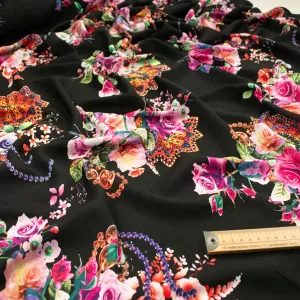 Printed Rayon Design-23 Pink & Coral Flowers on Black