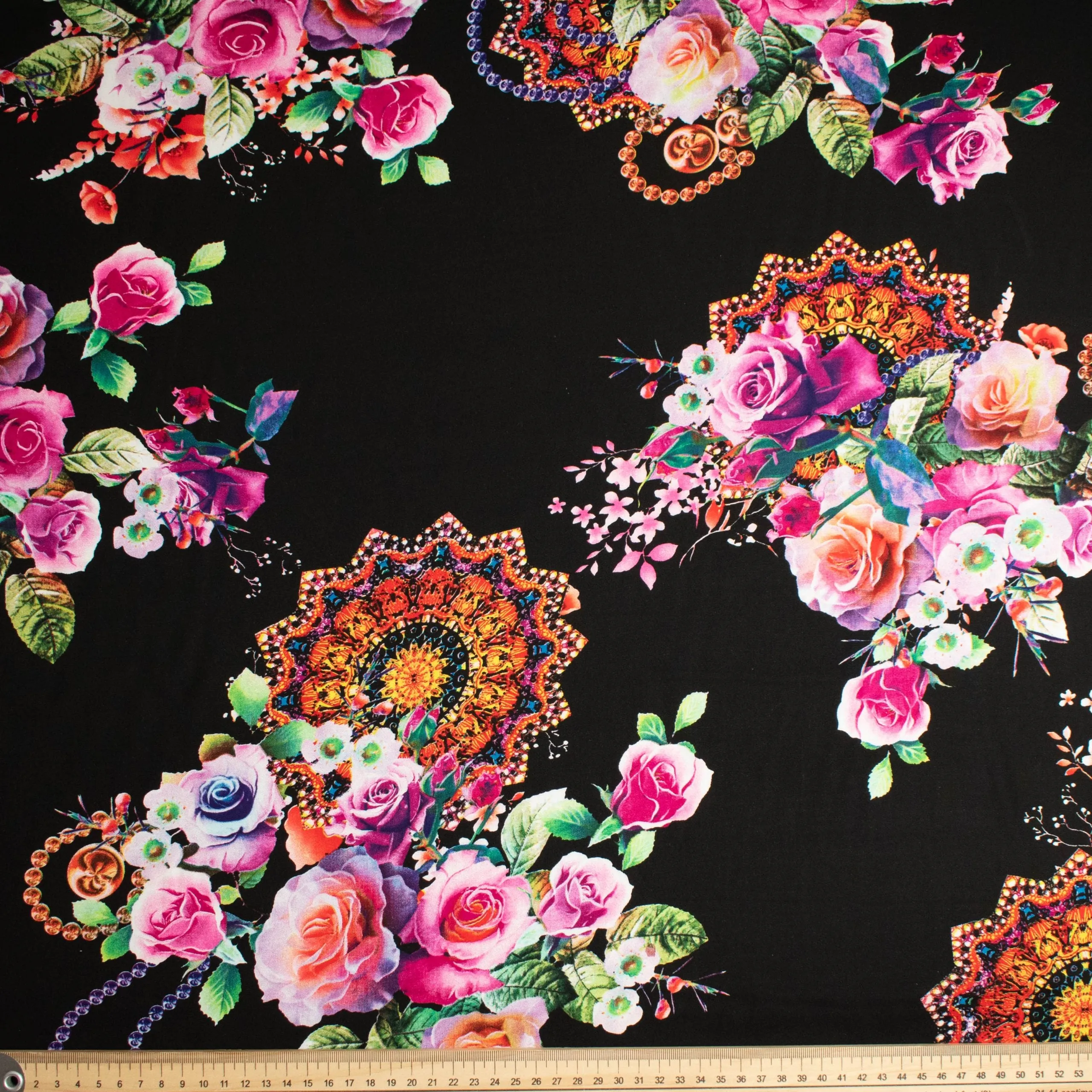 Printed Rayon Design-23 Pink & Coral Flowers on Black