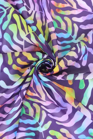 Purple Multicolor Abstract Leaf Pattern Printed Georgette Fabric