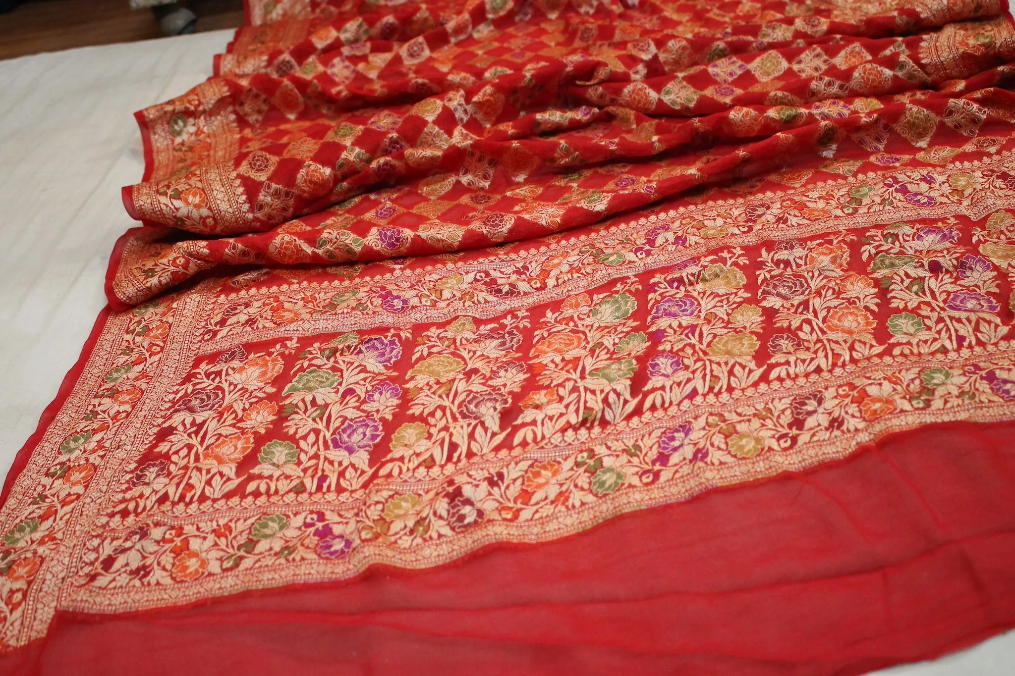 Radiant Red: Red Pure Khaddi Georgette Banarasi Saree