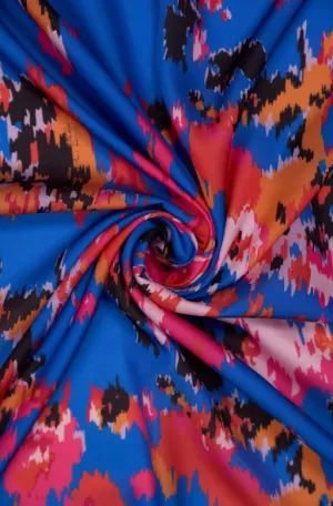 Royal Blue Ikkat Inspired Pattern Printed Modal Satin Fabric