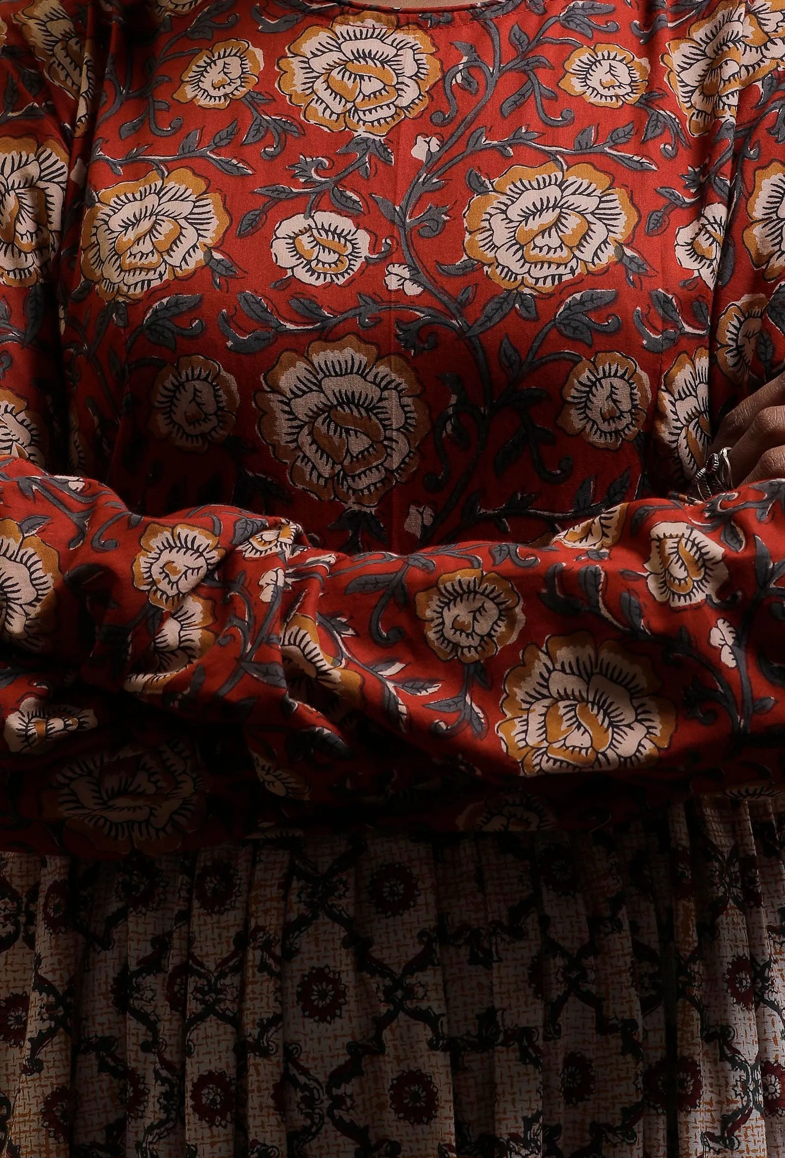 Rust Red & White Kalamkari Flared Cotton Kurta