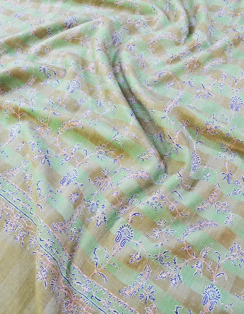 seafoam check and stripe embroidery Pashmina shawl 8667