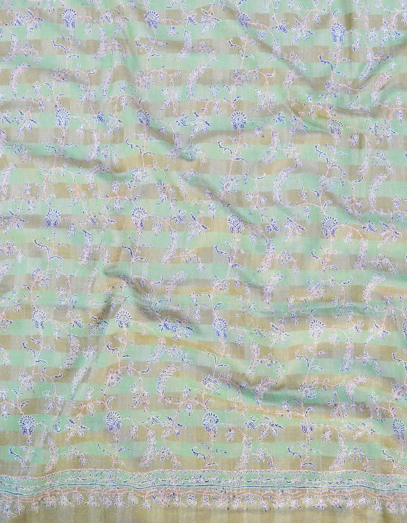 seafoam check and stripe embroidery Pashmina shawl 8667