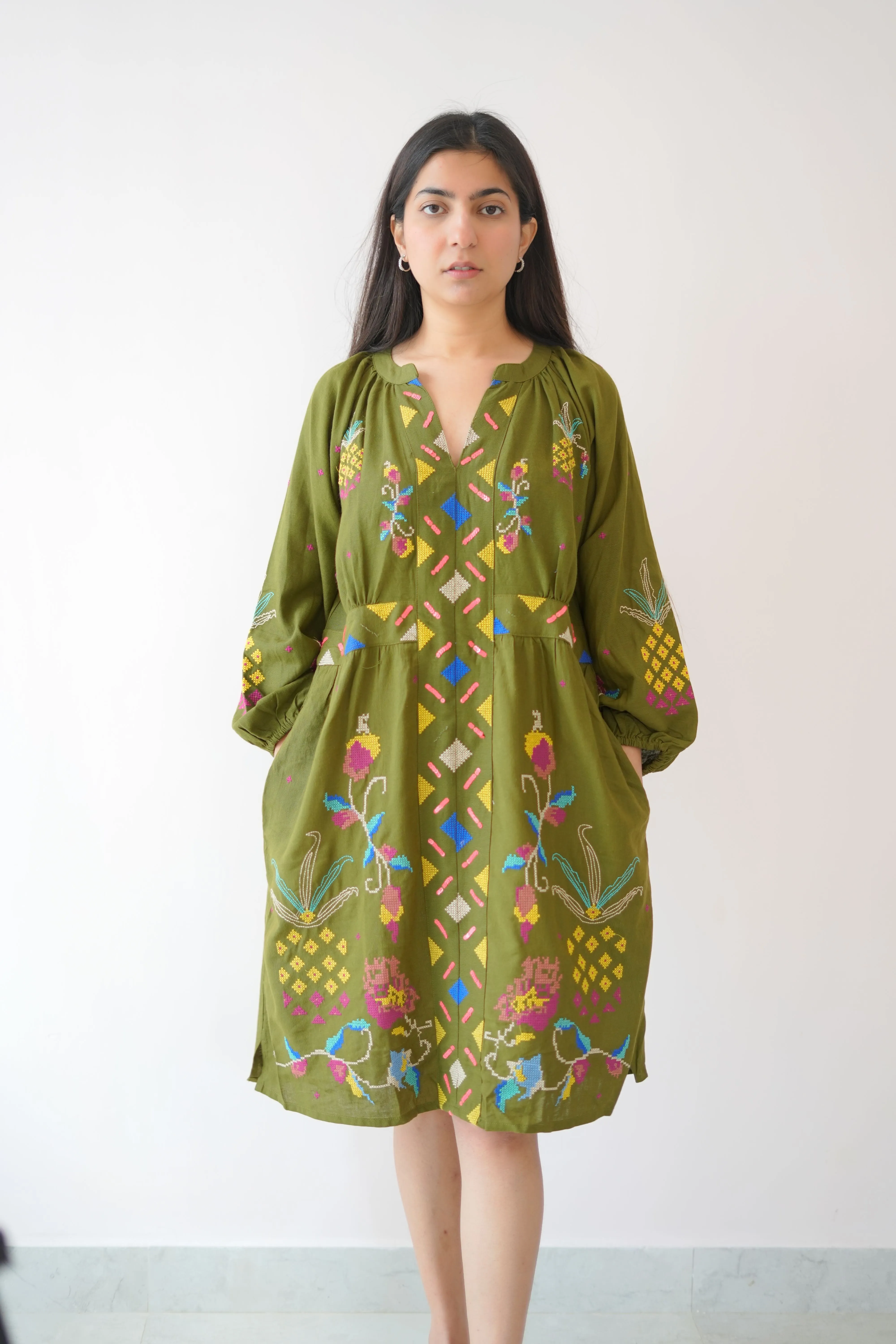 Short linen unique dress green