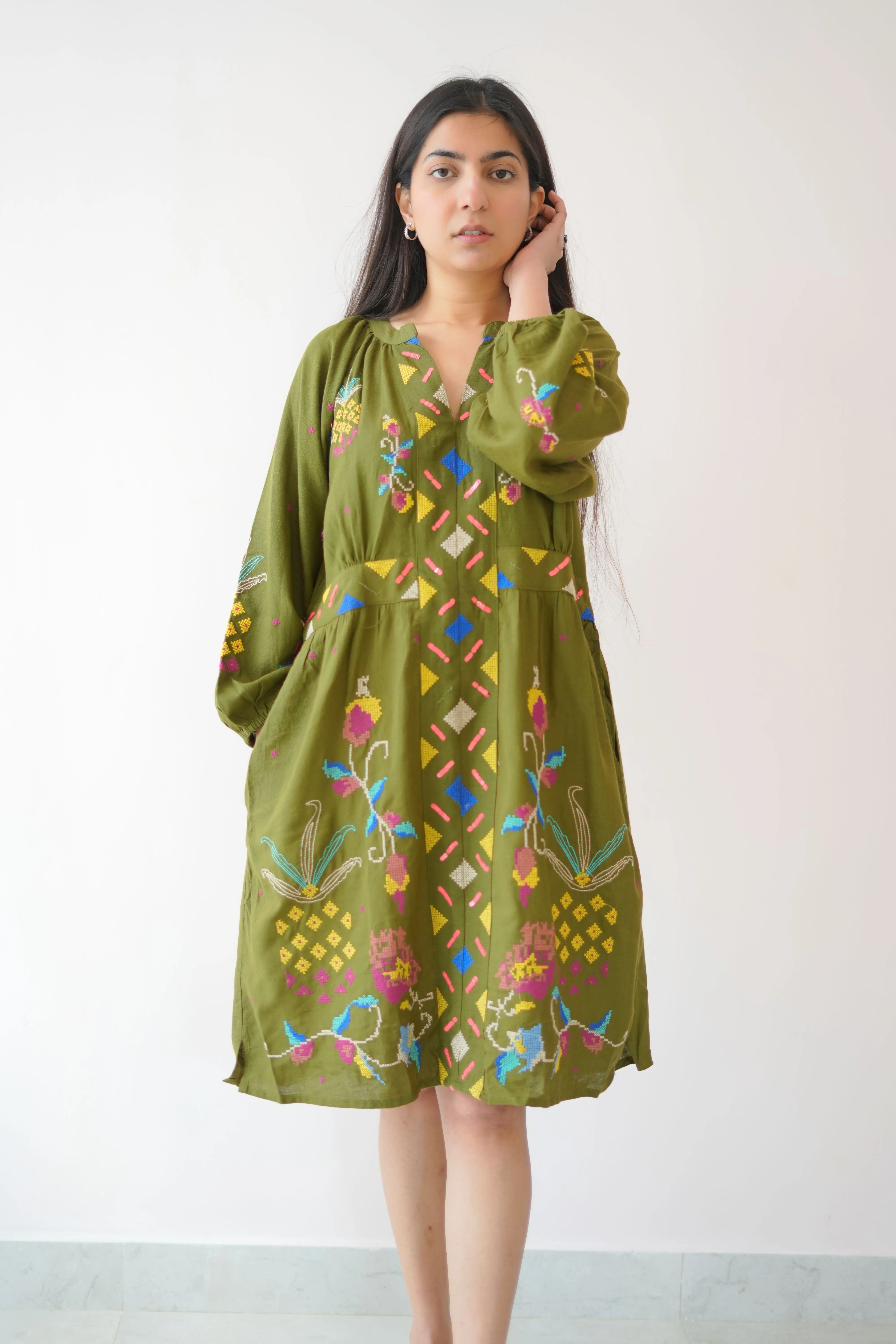 Short linen unique dress green