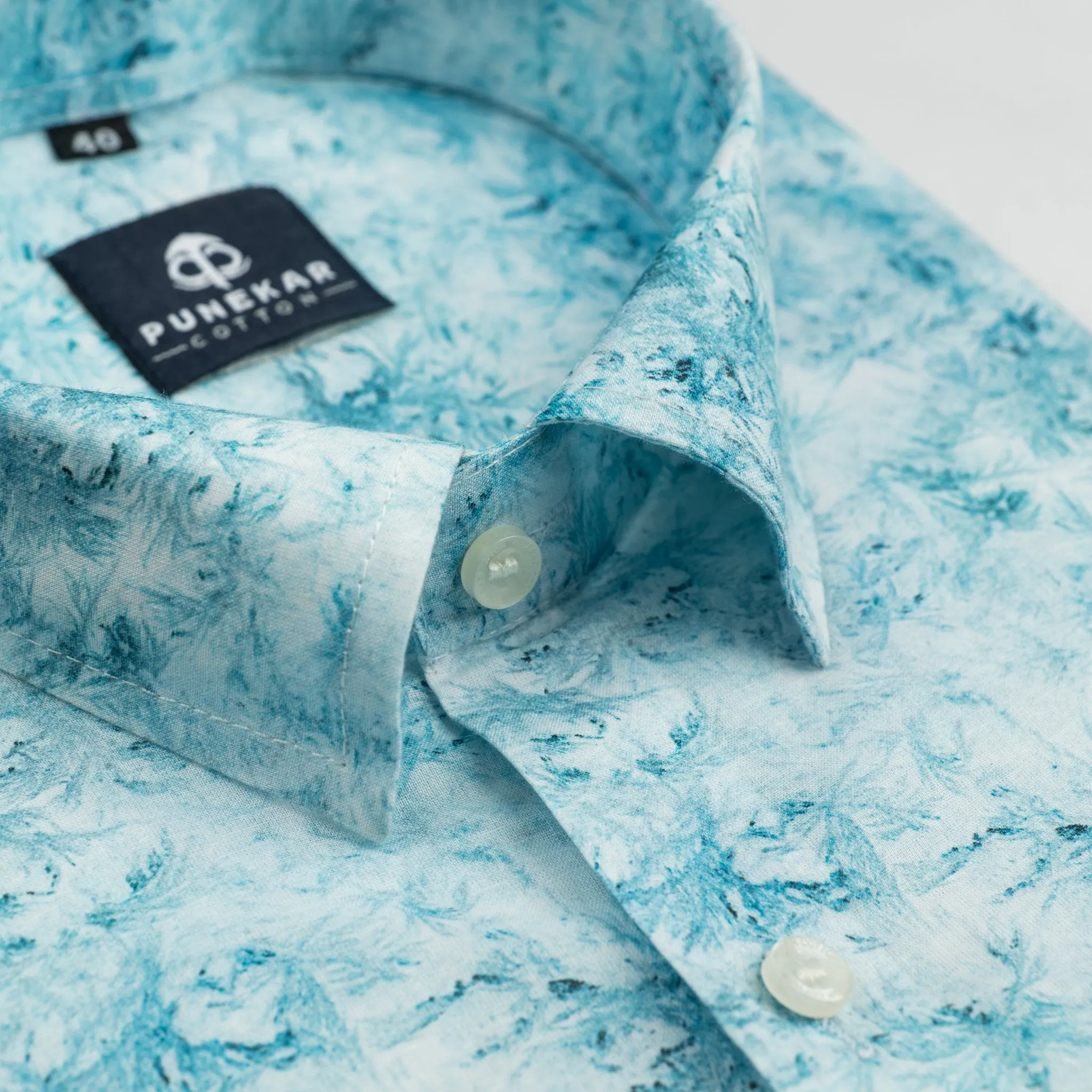 Sky Blue Leaf Printed Wool Cotton Shirt For Men