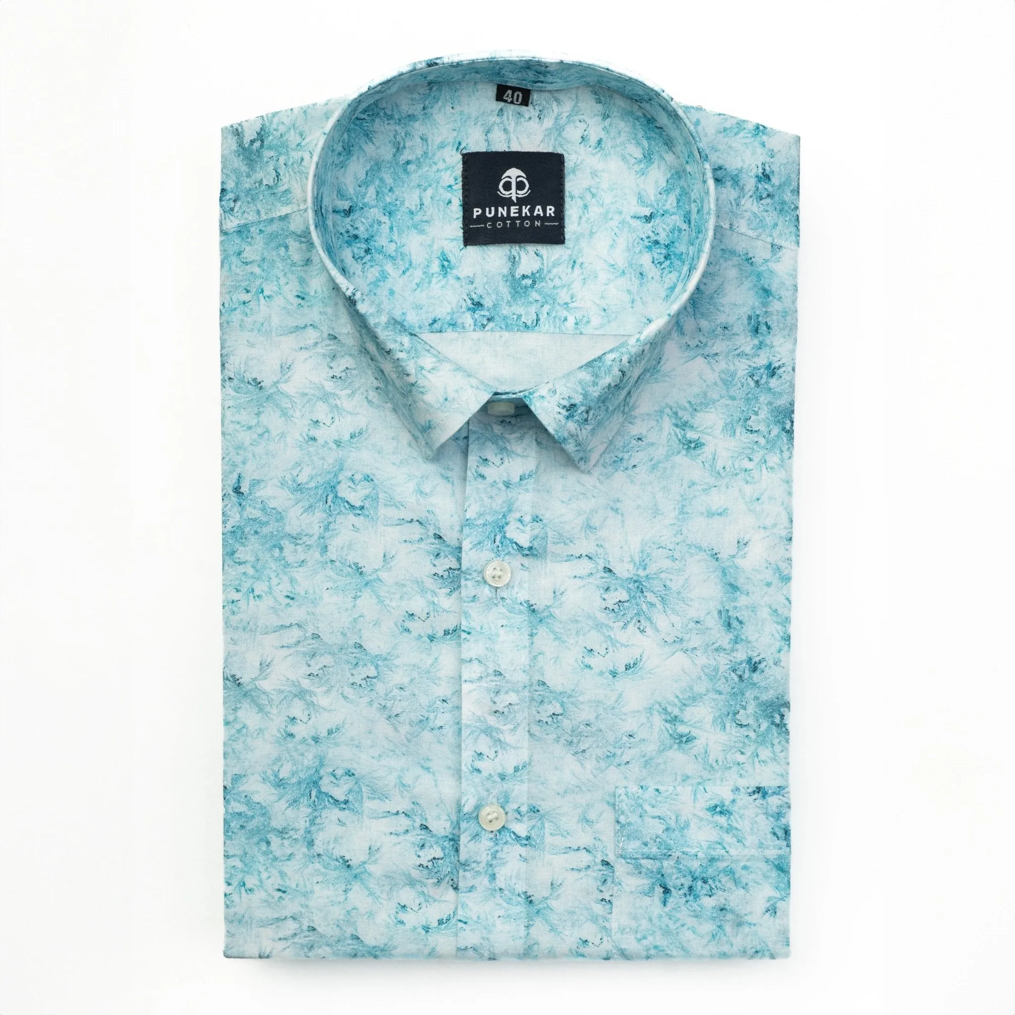 Sky Blue Leaf Printed Wool Cotton Shirt For Men