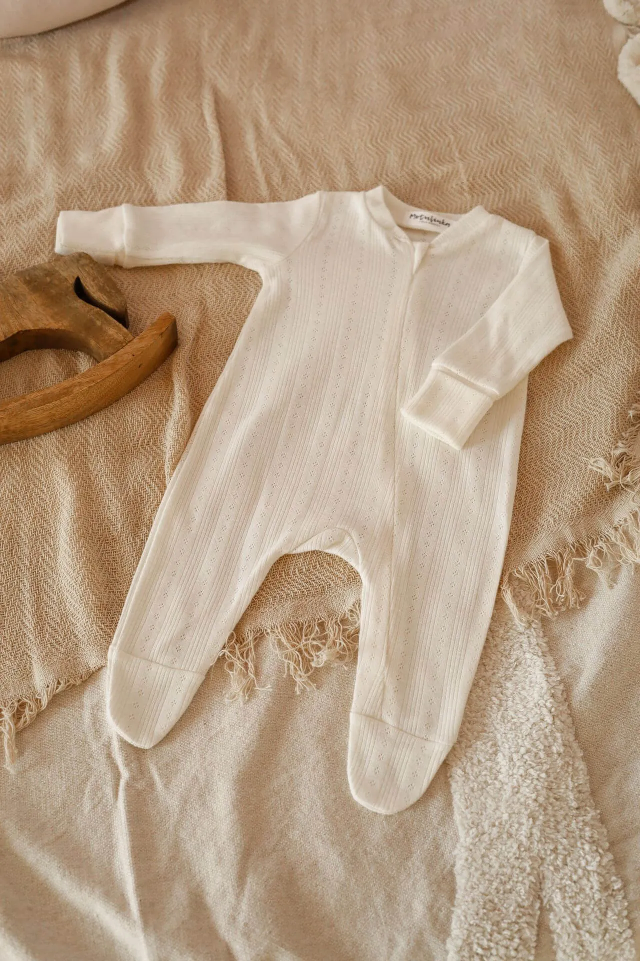 Soft Cotton Baby Sleepsuit, Zip Up - Cream Openwork (0-12 months)