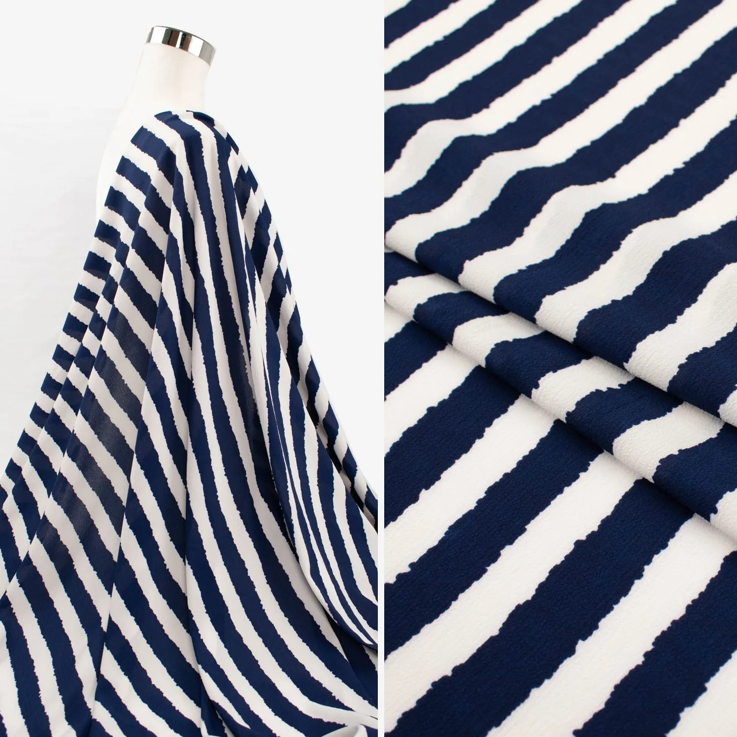 Stripe Printed Crepe Georgette White & Navy