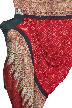 Stunning Red Bandhani Ajrakh Gajji Silk Dupatta