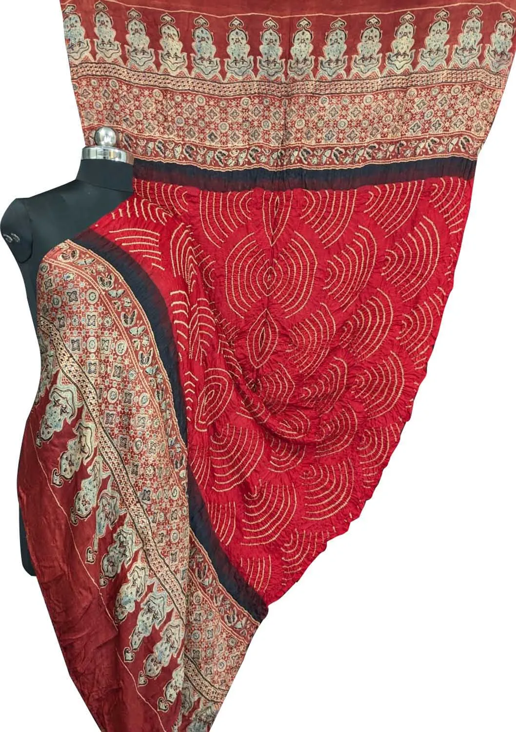 Stunning Red Bandhani Ajrakh Gajji Silk Dupatta