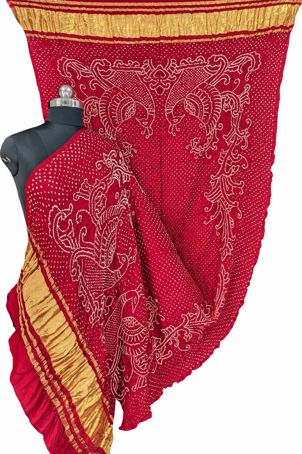 Stunning Red Bandhani Gajji Silk Peacock Dupatta