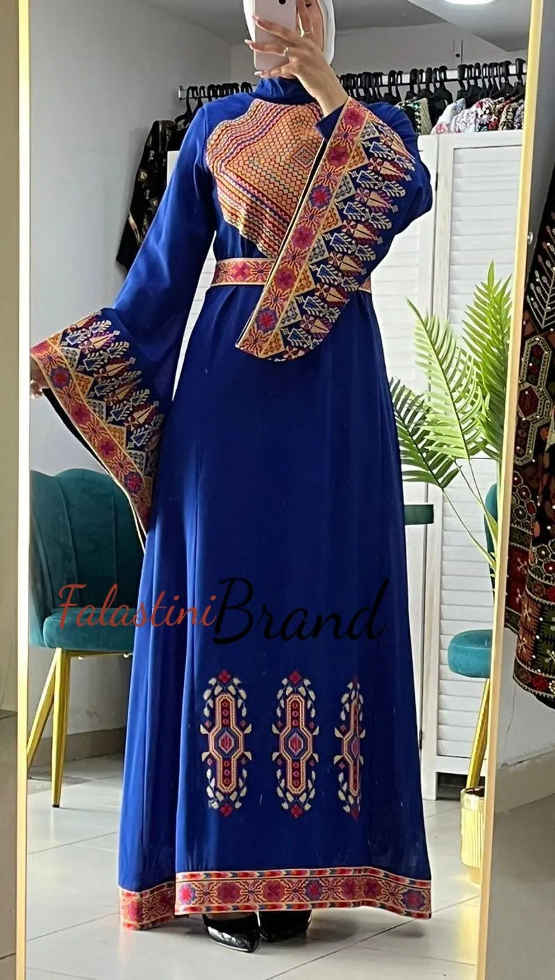 Stylish New Design Blue Embroidered Dress with Wide Embroidered Sleeves