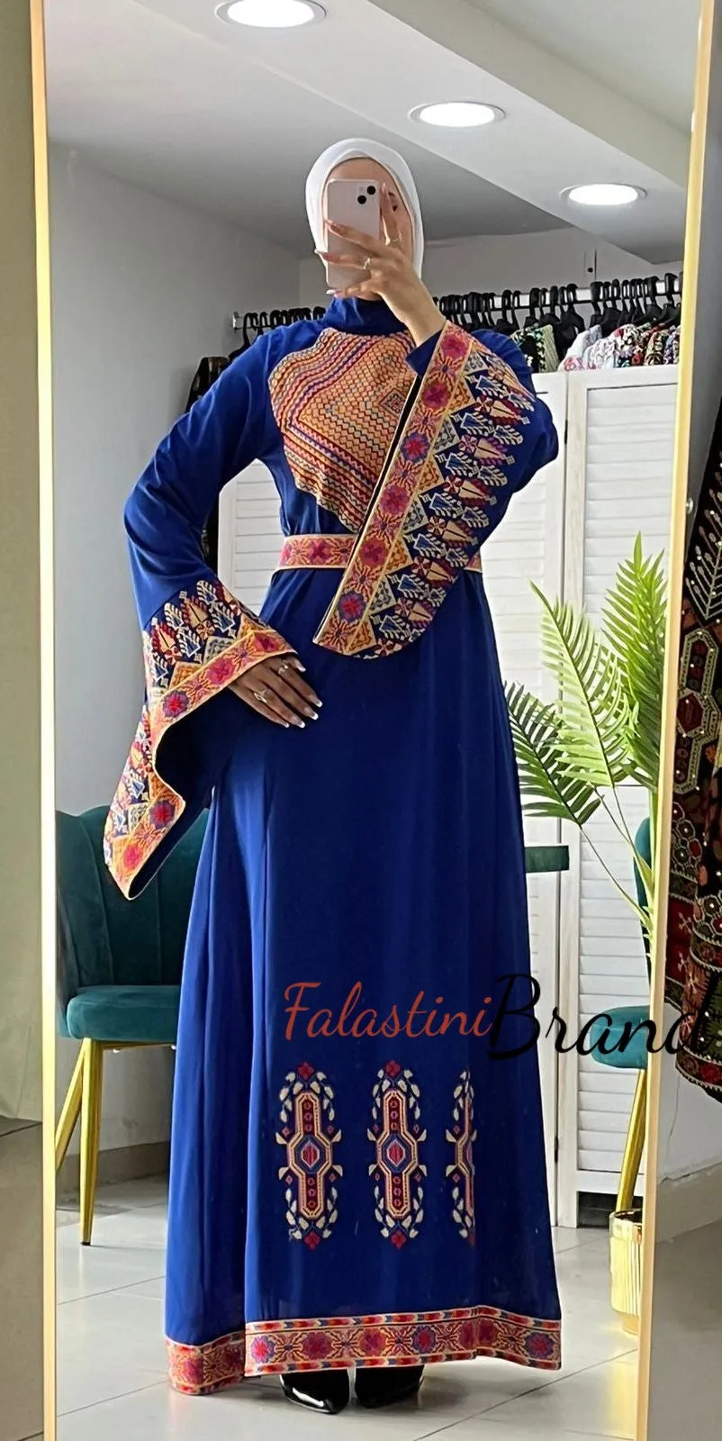 Stylish New Design Blue Embroidered Dress with Wide Embroidered Sleeves