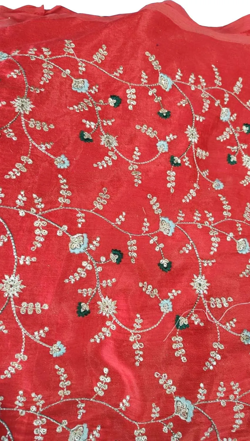 Stylish Red Embroidered Gajji Silk Fabric ( 1 Mtr )