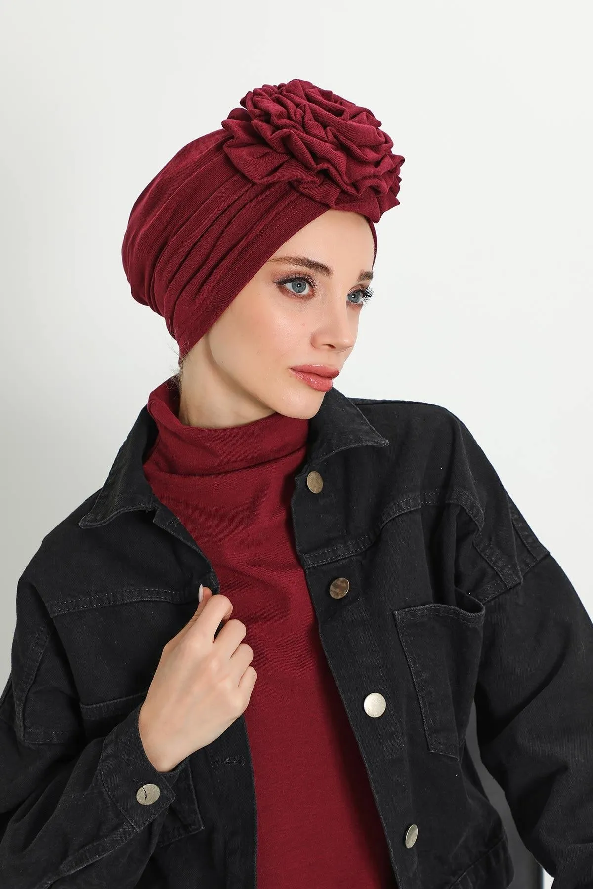 Stylish Rose Design Winter Bonnet for Women, Stretchable Ribbed Instant Turban for Cold Weather, Rose Accent Chemo Headwear,B-21RB