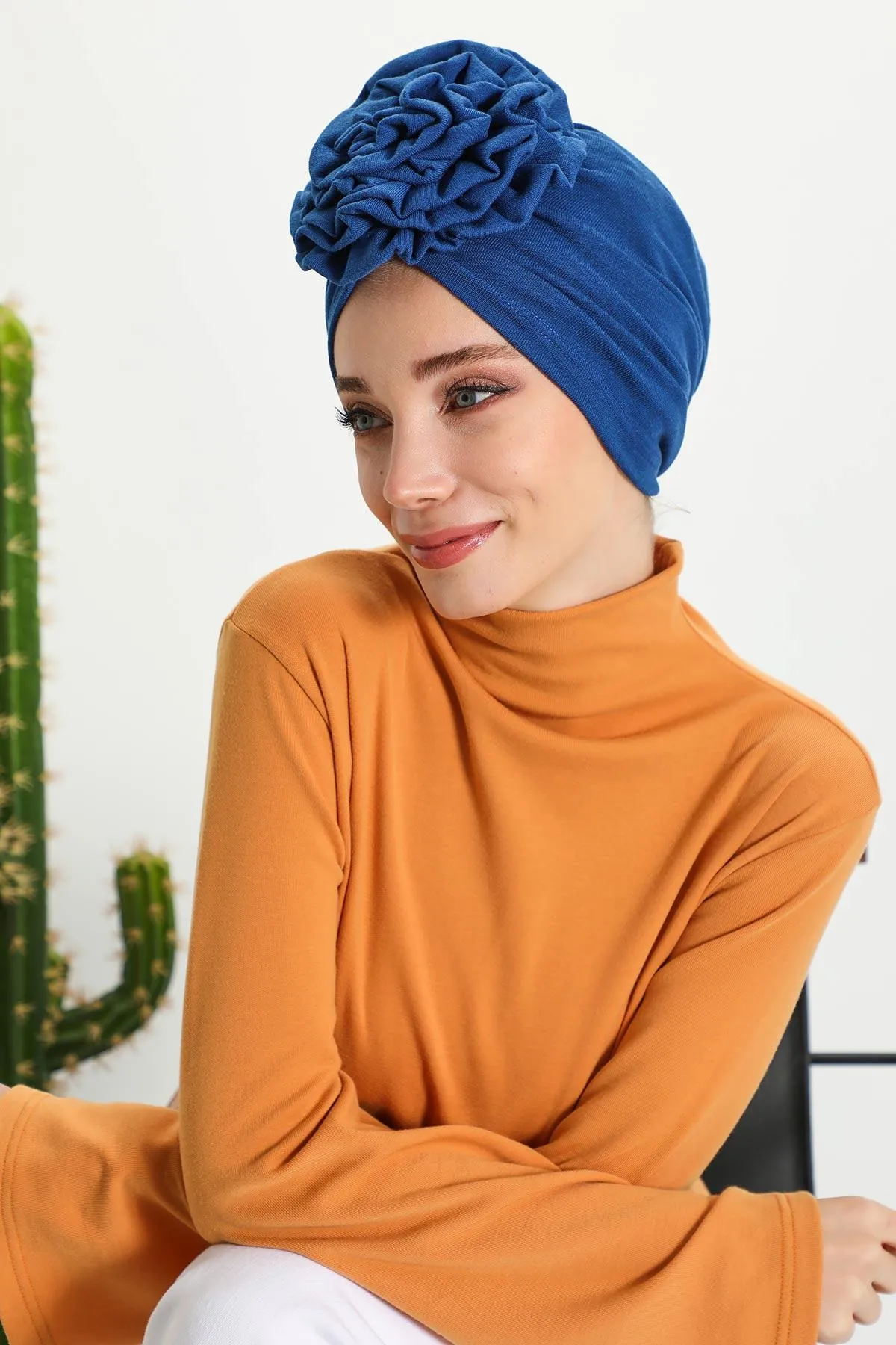 Stylish Rose Design Winter Bonnet for Women, Stretchable Ribbed Instant Turban for Cold Weather, Rose Accent Chemo Headwear,B-21RB