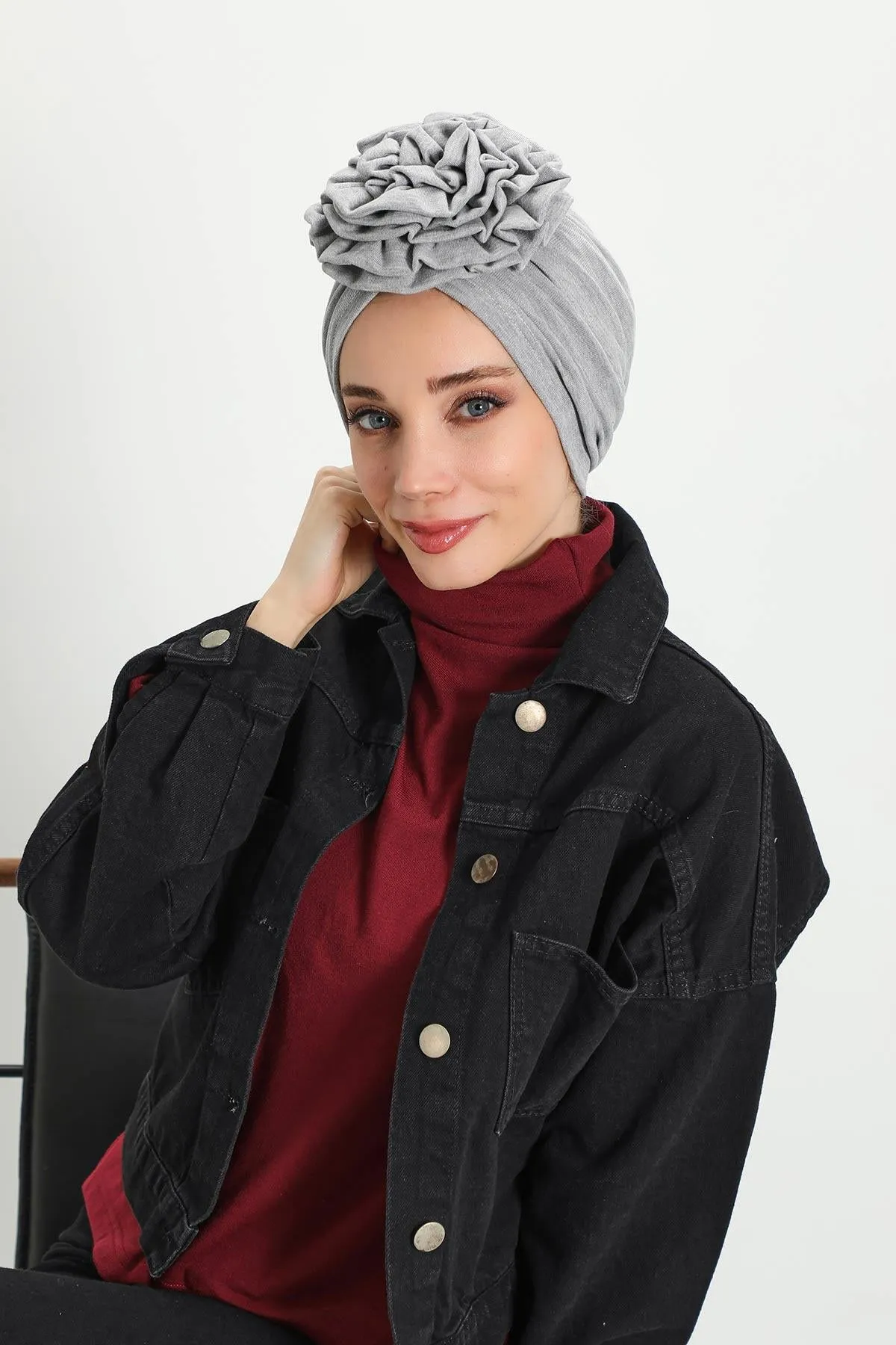 Stylish Rose Design Winter Bonnet for Women, Stretchable Ribbed Instant Turban for Cold Weather, Rose Accent Chemo Headwear,B-21RB