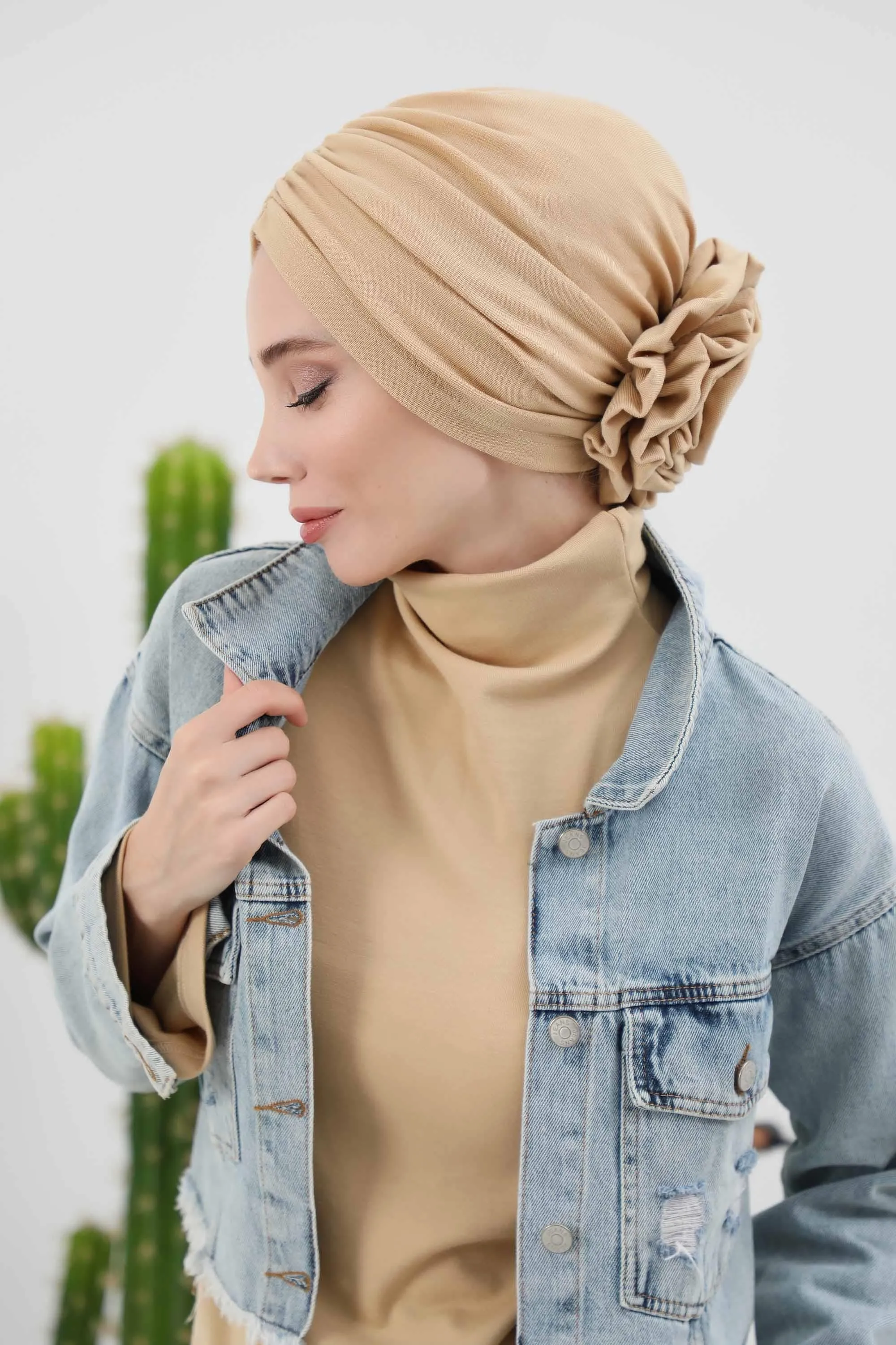 Stylish Rose Design Winter Bonnet for Women, Stretchable Ribbed Instant Turban for Cold Weather, Rose Accent Chemo Headwear,B-21RB