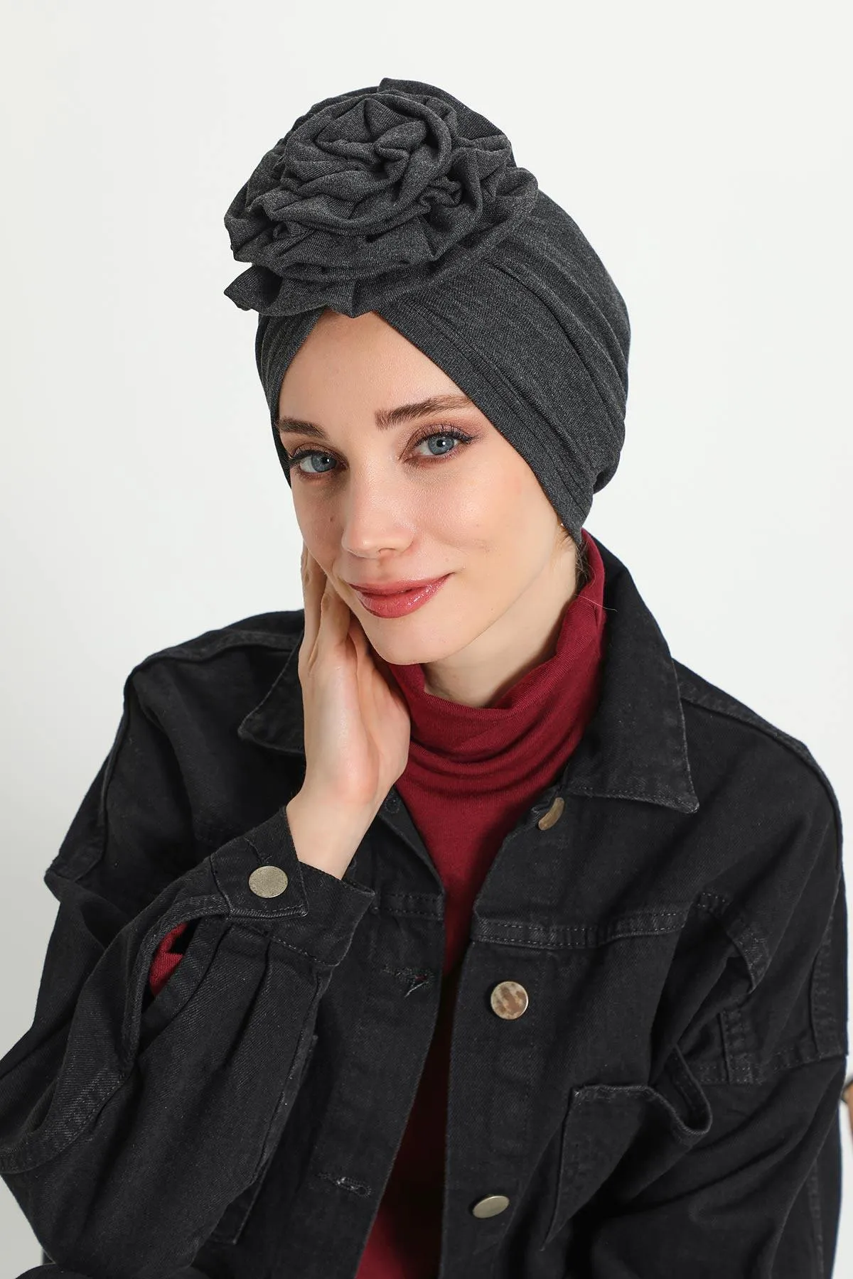 Stylish Rose Design Winter Bonnet for Women, Stretchable Ribbed Instant Turban for Cold Weather, Rose Accent Chemo Headwear,B-21RB