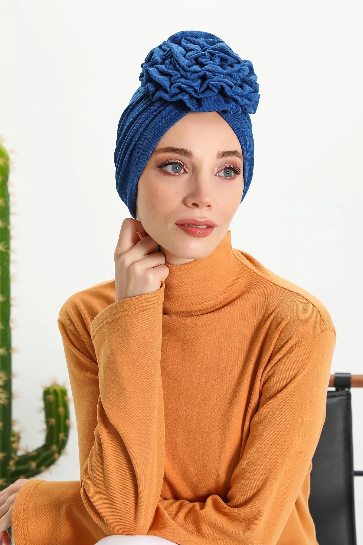 Stylish Rose Design Winter Bonnet for Women, Stretchable Ribbed Instant Turban for Cold Weather, Rose Accent Chemo Headwear,B-21RB