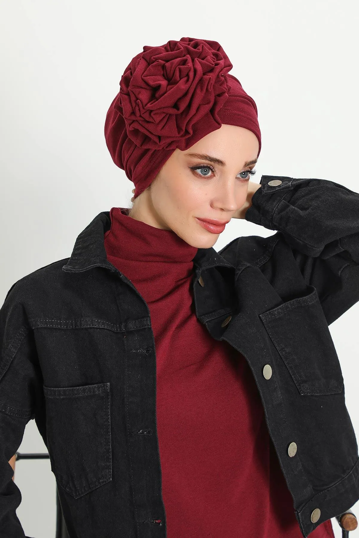 Stylish Rose Design Winter Bonnet for Women, Stretchable Ribbed Instant Turban for Cold Weather, Rose Accent Chemo Headwear,B-21RB