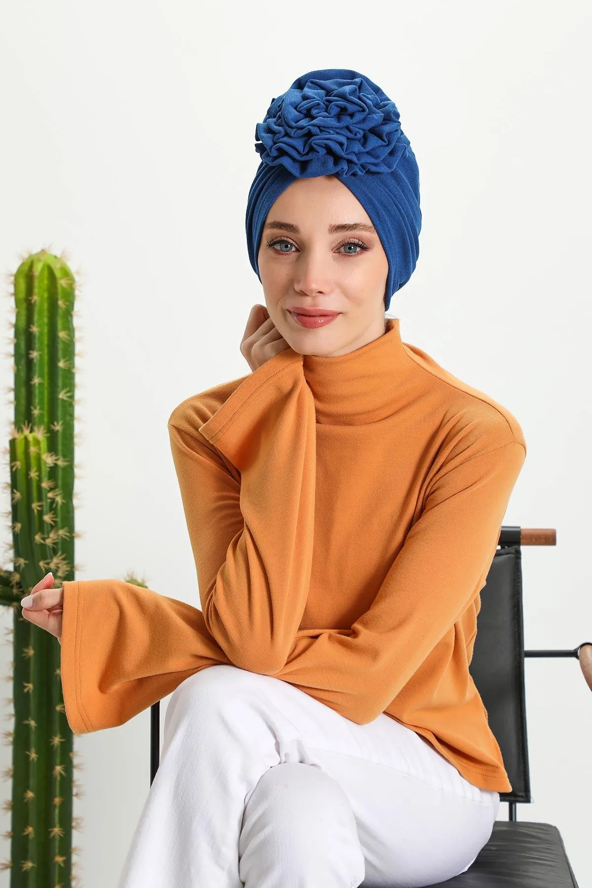 Stylish Rose Design Winter Bonnet for Women, Stretchable Ribbed Instant Turban for Cold Weather, Rose Accent Chemo Headwear,B-21RB