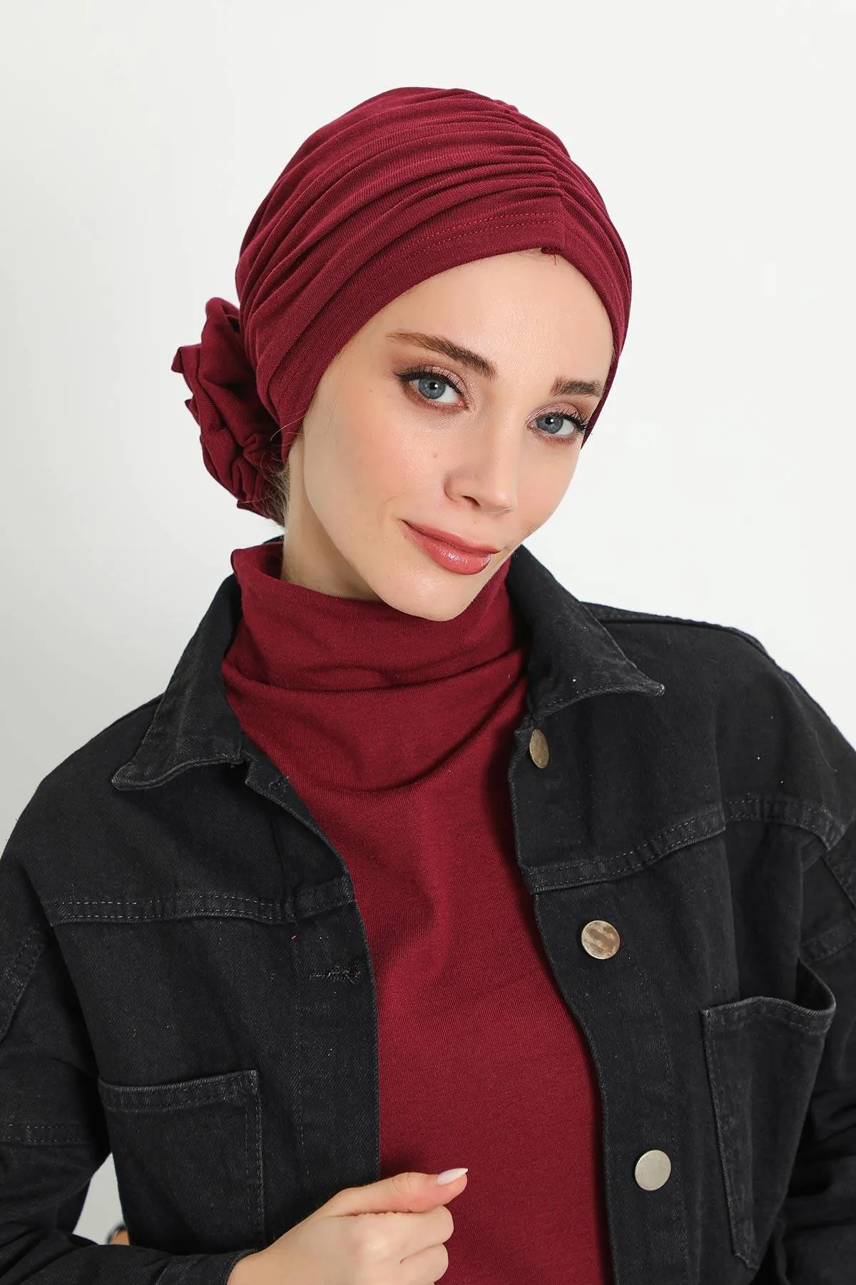 Stylish Rose Design Winter Bonnet for Women, Stretchable Ribbed Instant Turban for Cold Weather, Rose Accent Chemo Headwear,B-21RB