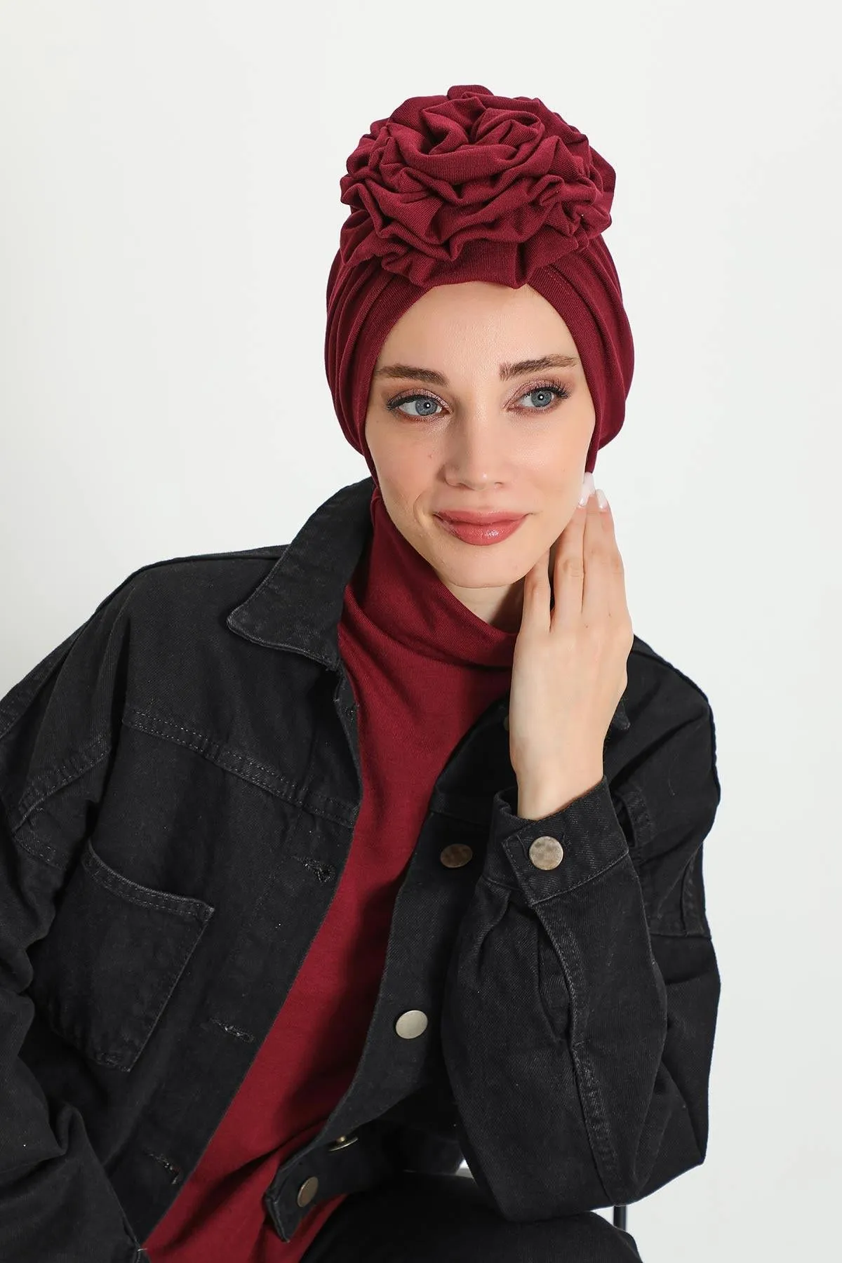 Stylish Rose Design Winter Bonnet for Women, Stretchable Ribbed Instant Turban for Cold Weather, Rose Accent Chemo Headwear,B-21RB