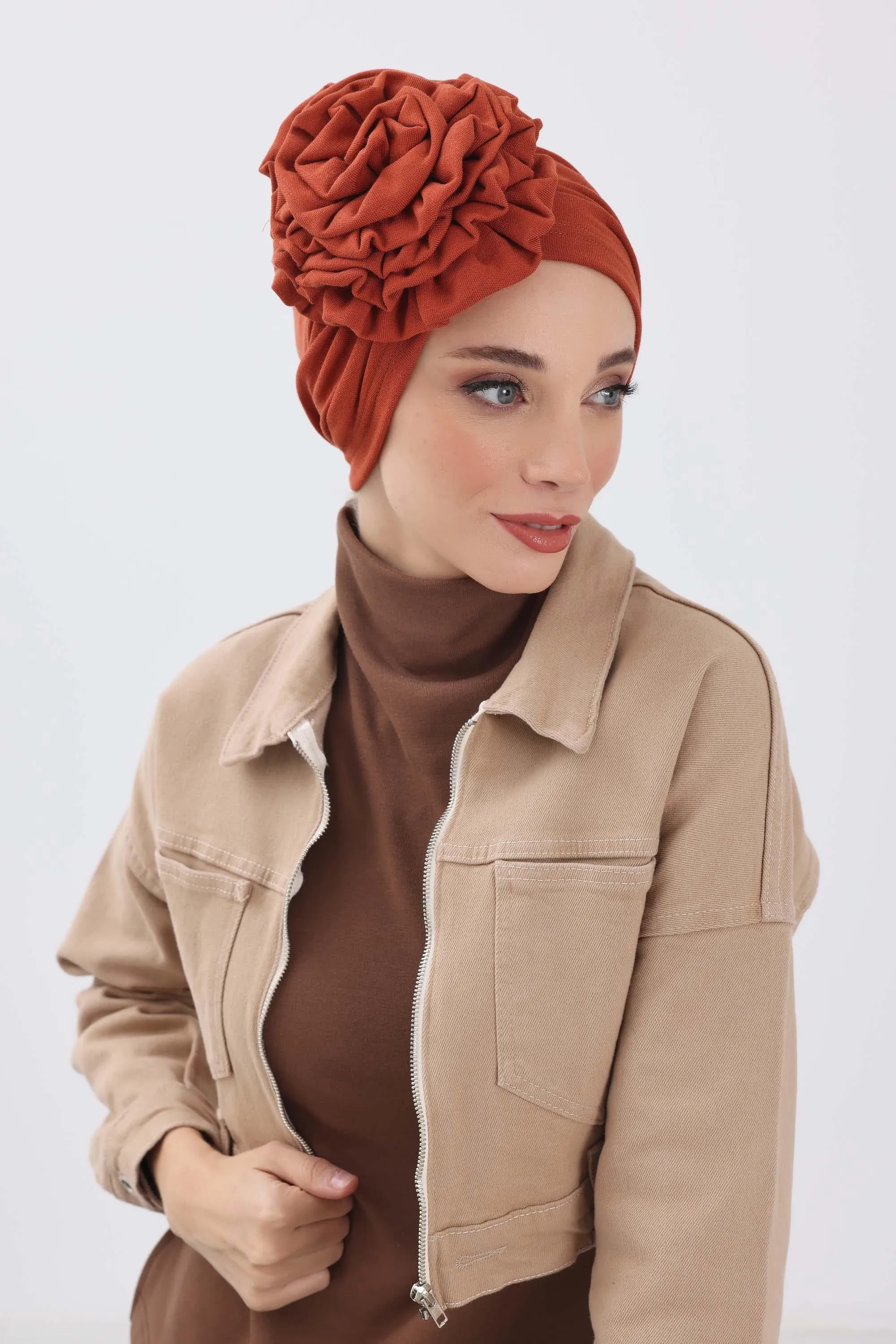 Stylish Rose Design Winter Bonnet for Women, Stretchable Ribbed Instant Turban for Cold Weather, Rose Accent Chemo Headwear,B-21RB