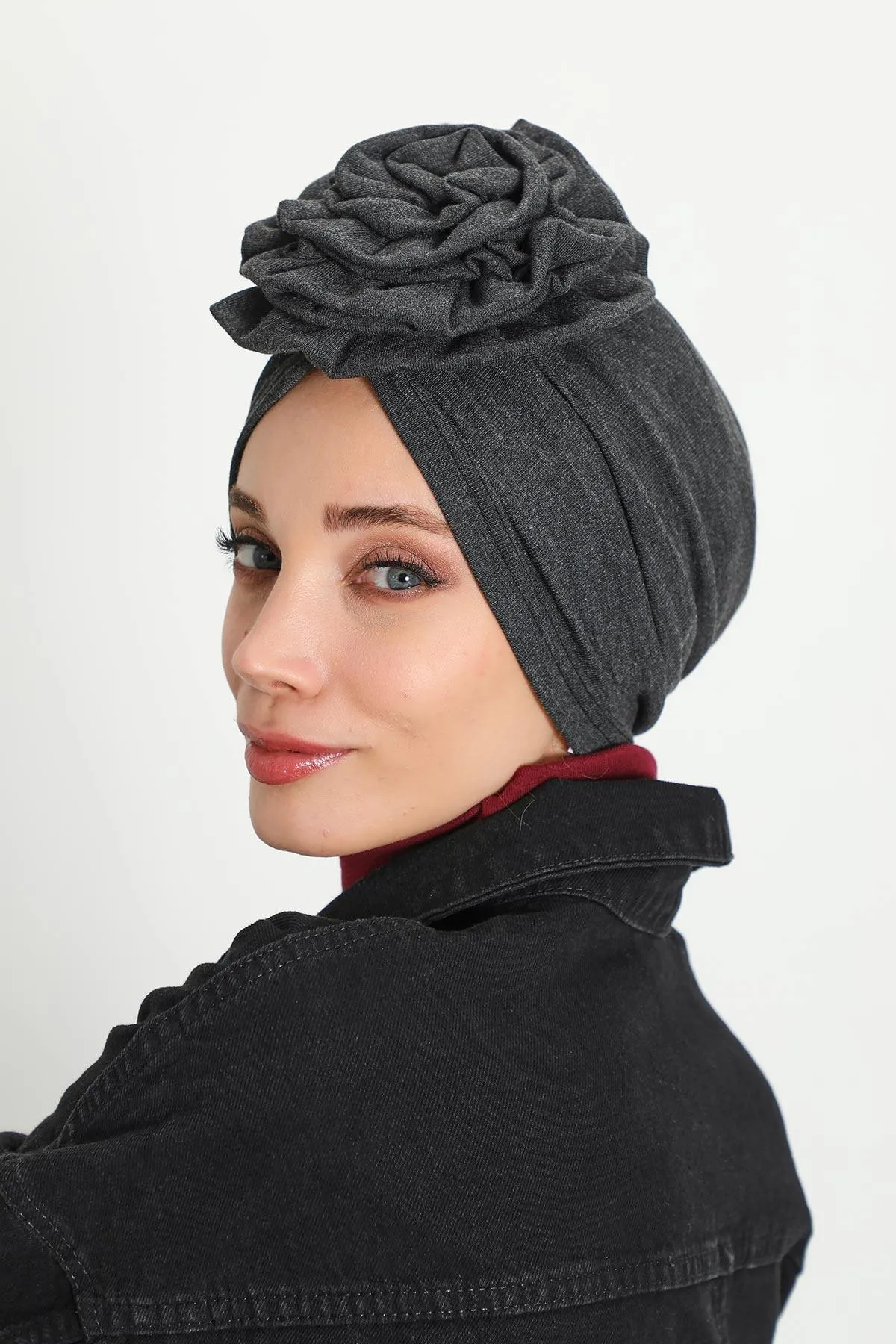 Stylish Rose Design Winter Bonnet for Women, Stretchable Ribbed Instant Turban for Cold Weather, Rose Accent Chemo Headwear,B-21RB