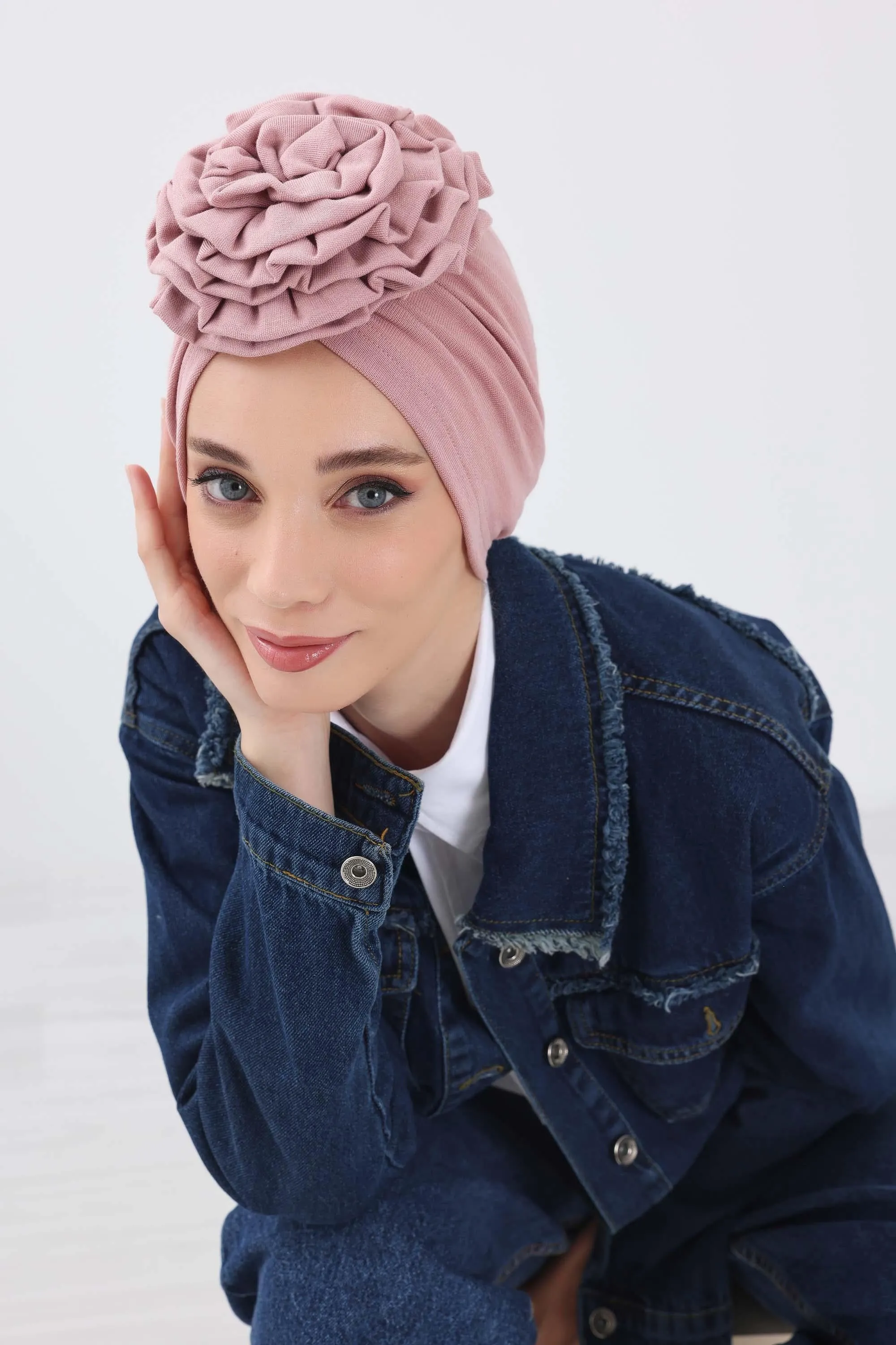 Stylish Rose Design Winter Bonnet for Women, Stretchable Ribbed Instant Turban for Cold Weather, Rose Accent Chemo Headwear,B-21RB