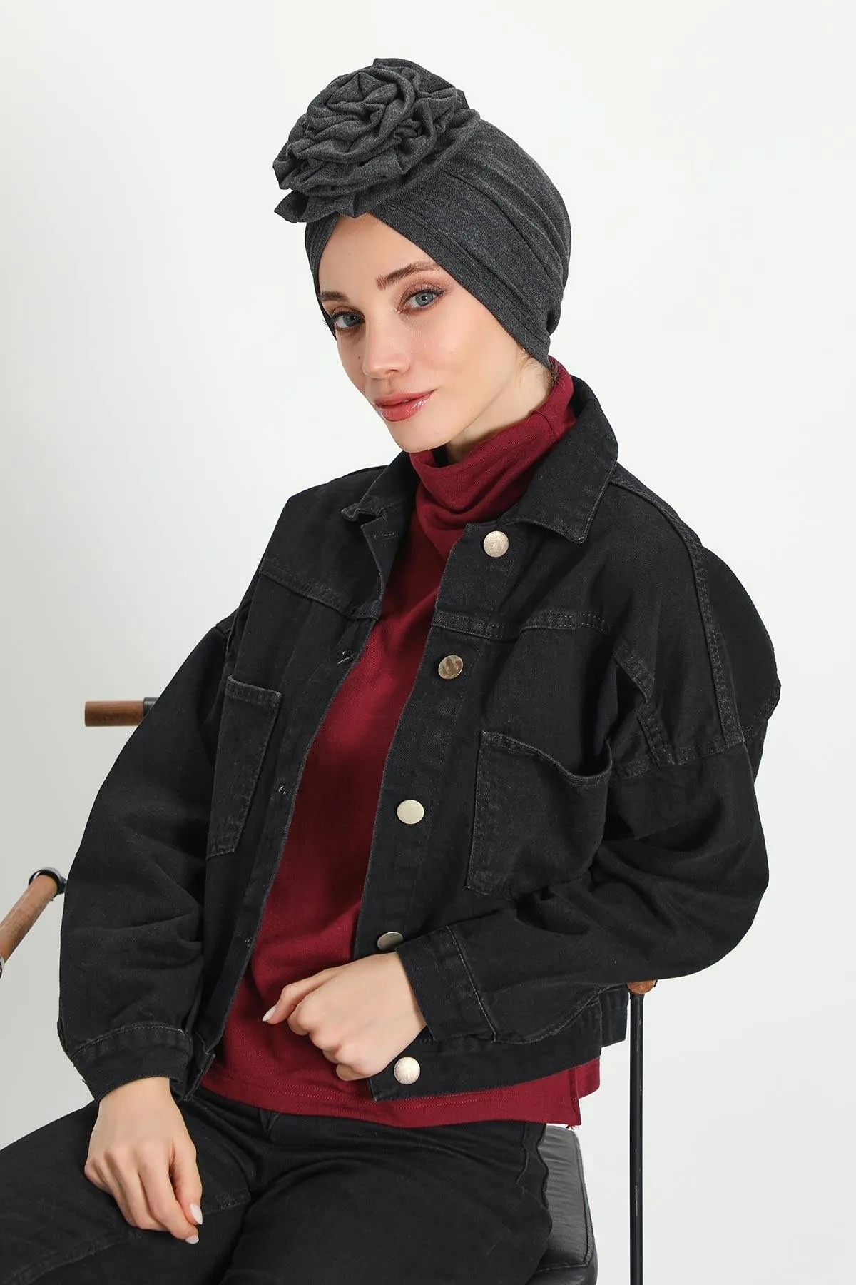 Stylish Rose Design Winter Bonnet for Women, Stretchable Ribbed Instant Turban for Cold Weather, Rose Accent Chemo Headwear,B-21RB