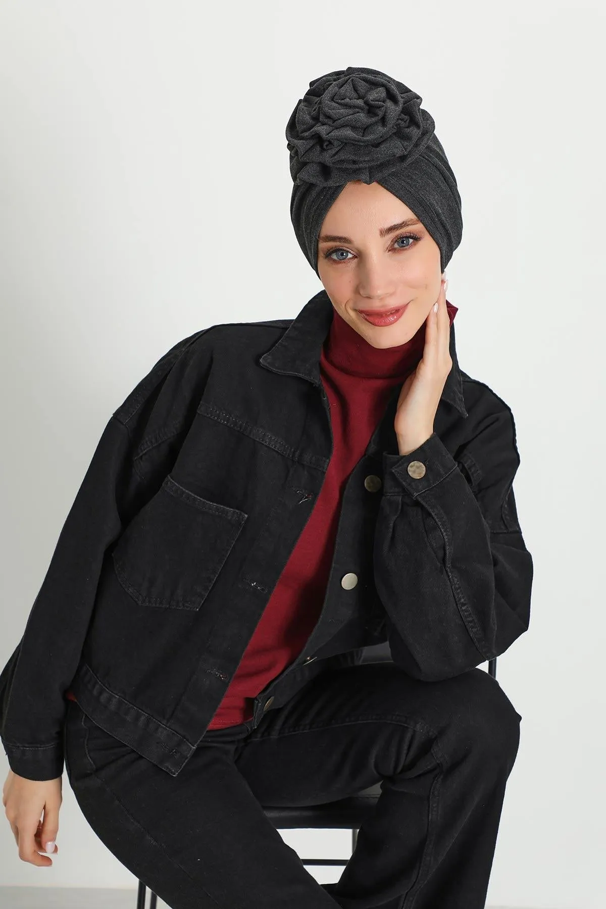 Stylish Rose Design Winter Bonnet for Women, Stretchable Ribbed Instant Turban for Cold Weather, Rose Accent Chemo Headwear,B-21RB