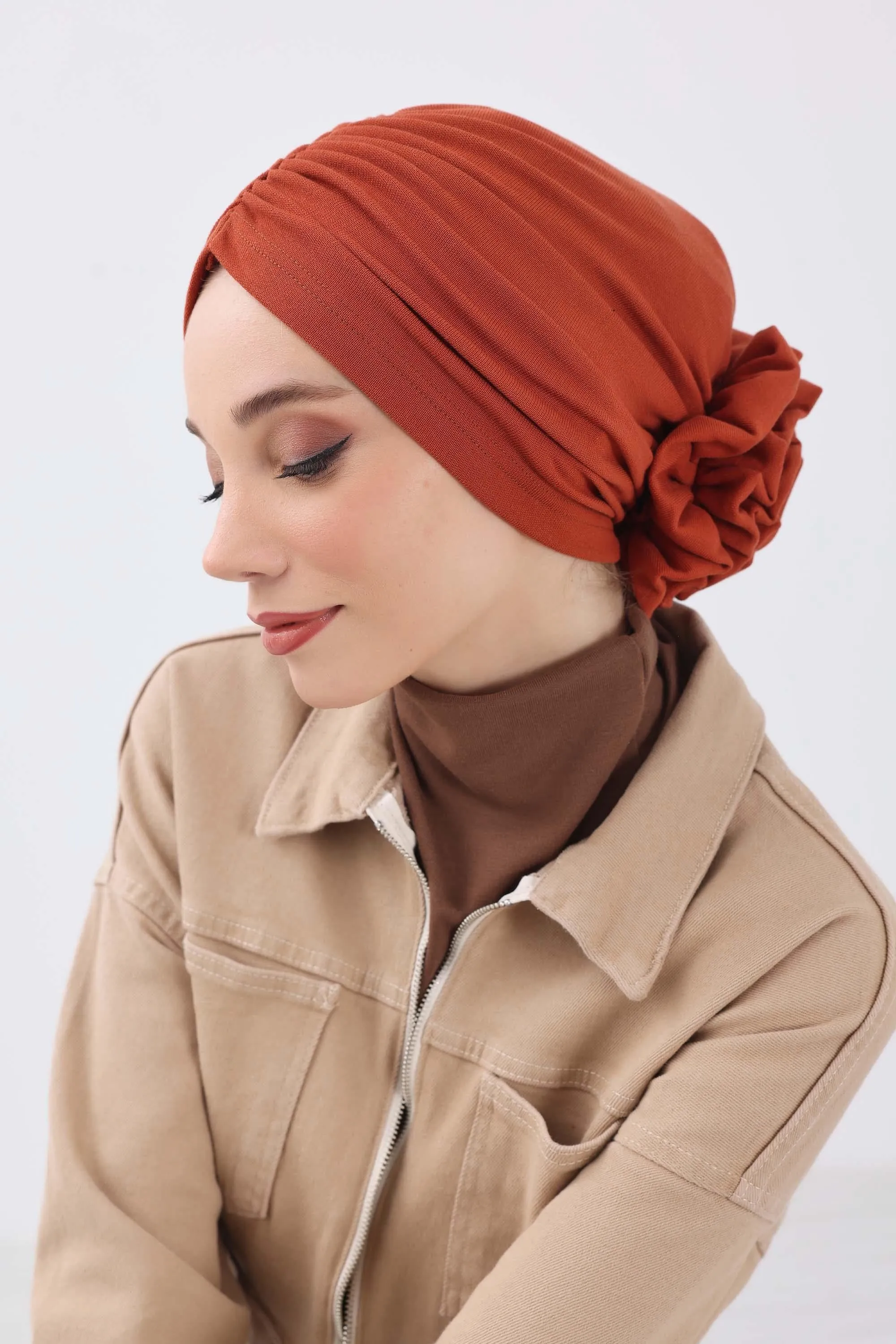 Stylish Rose Design Winter Bonnet for Women, Stretchable Ribbed Instant Turban for Cold Weather, Rose Accent Chemo Headwear,B-21RB