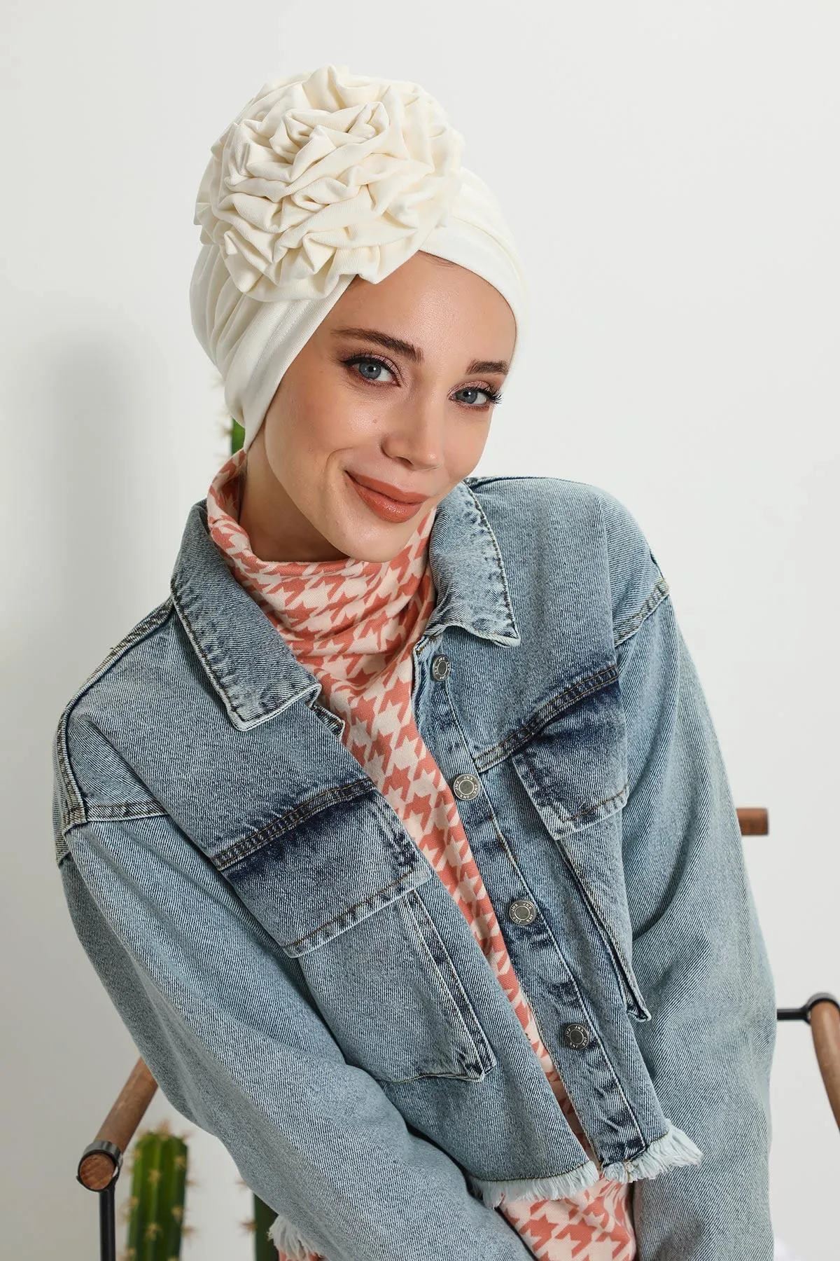 Stylish Rose Design Winter Bonnet for Women, Stretchable Ribbed Instant Turban for Cold Weather, Rose Accent Chemo Headwear,B-21RB