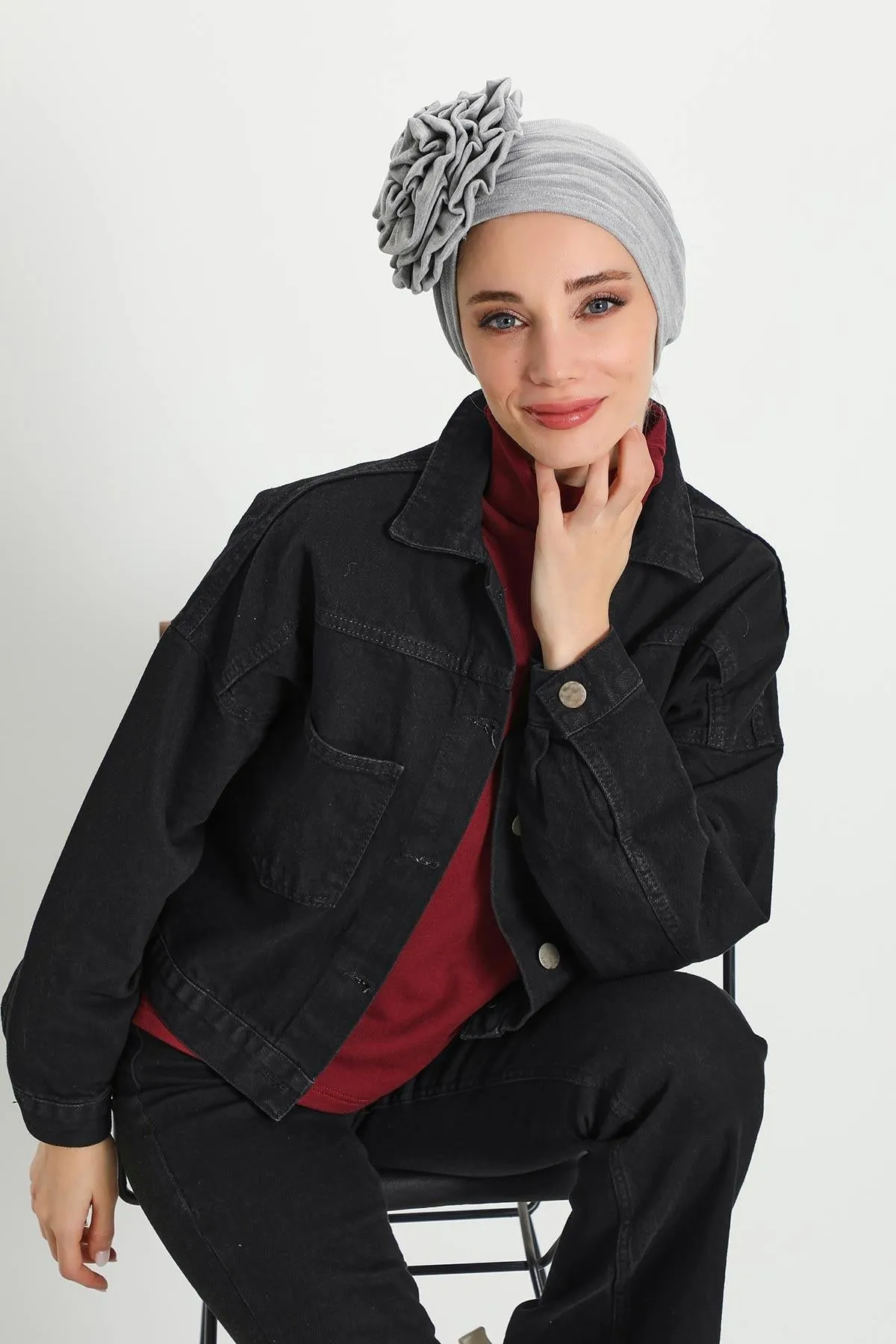 Stylish Rose Design Winter Bonnet for Women, Stretchable Ribbed Instant Turban for Cold Weather, Rose Accent Chemo Headwear,B-21RB