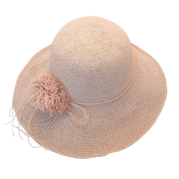 Sun 'N' Sand - Asher Raffia Wide Brim Crocheted Cloche Hat with Raffia Flower