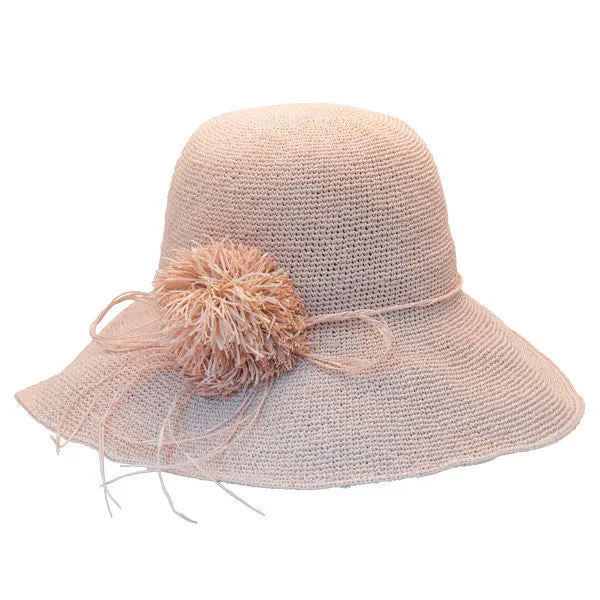 Sun 'N' Sand - Asher Raffia Wide Brim Crocheted Cloche Hat with Raffia Flower