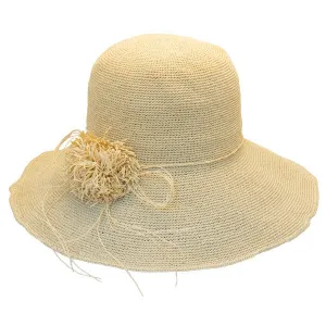 Sun 'N' Sand - Asher Raffia Wide Brim Crocheted Cloche Hat with Raffia Flower