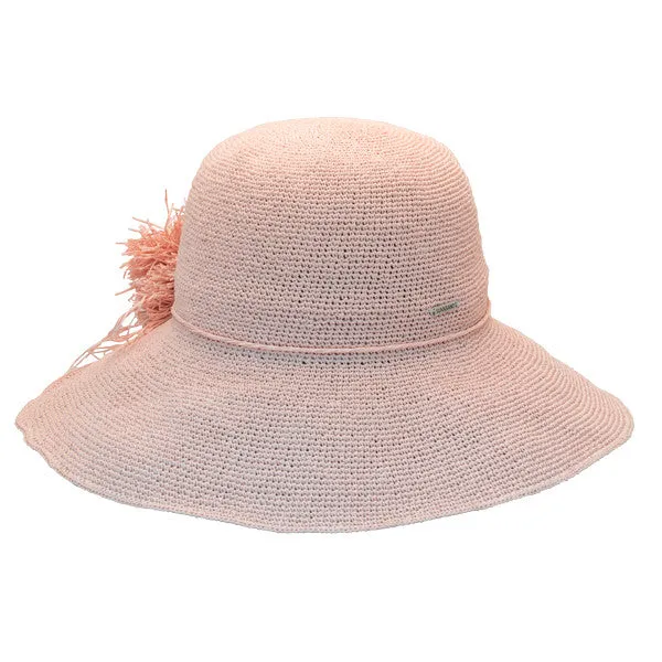 Sun 'N' Sand - Asher Raffia Wide Brim Crocheted Cloche Hat with Raffia Flower